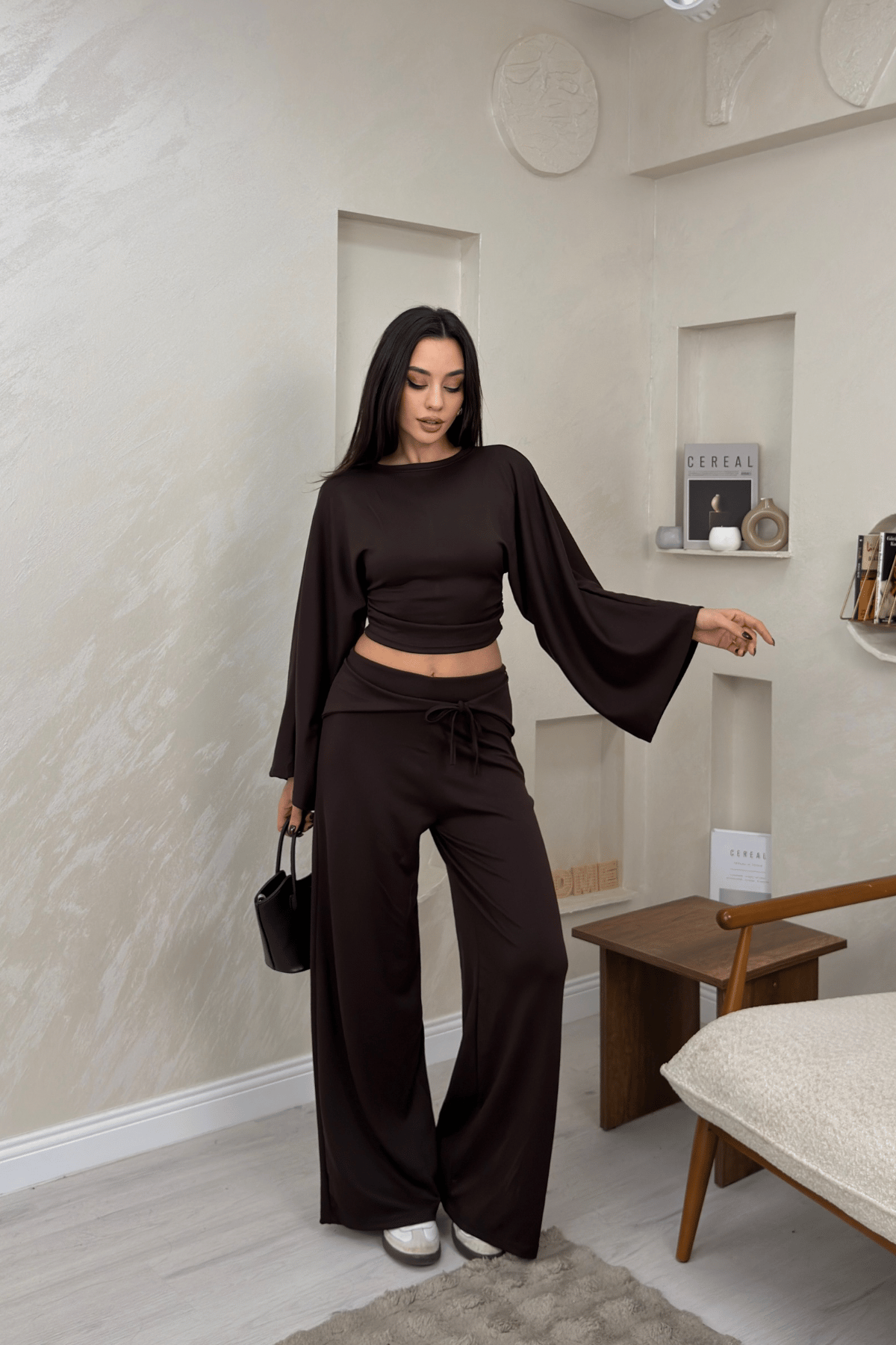 Alice Kahve Renkli Yarasa Kol Crop Bluz Genis Paca Pantolon Takim | miraylawear