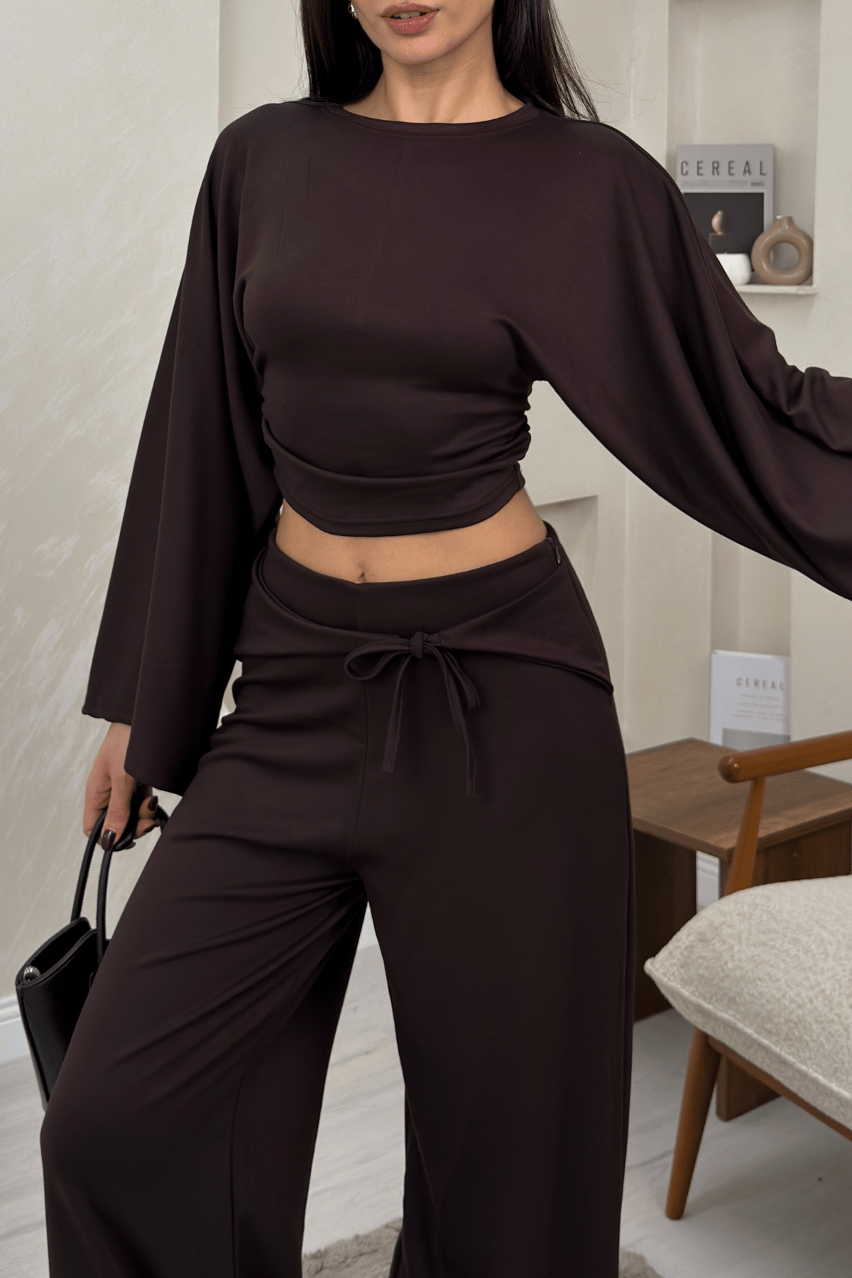 Alice Kahve Renkli Yarasa Kol Crop Bluz Genis Paca Pantolon Takim | miraylawear