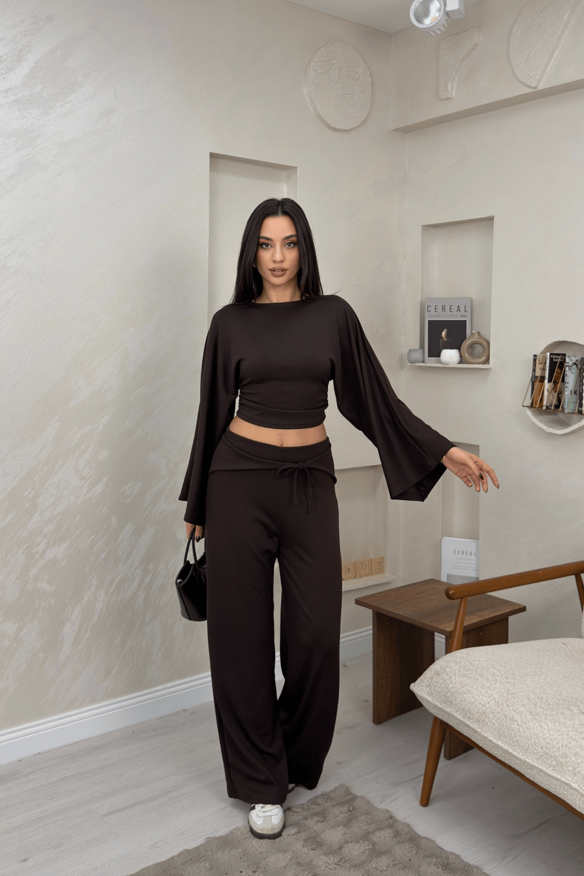Alice Kahve Renkli Yarasa Kol Crop Bluz Genis Paca Pantolon Takim | miraylawear