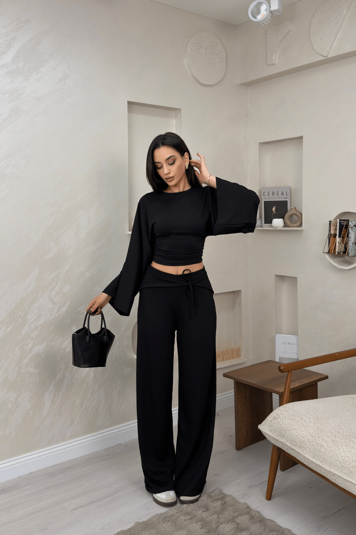 Alice Siyah Renkli Yarasa Kol Crop Bluz Genis Paca Pantolon Takim | miraylawear