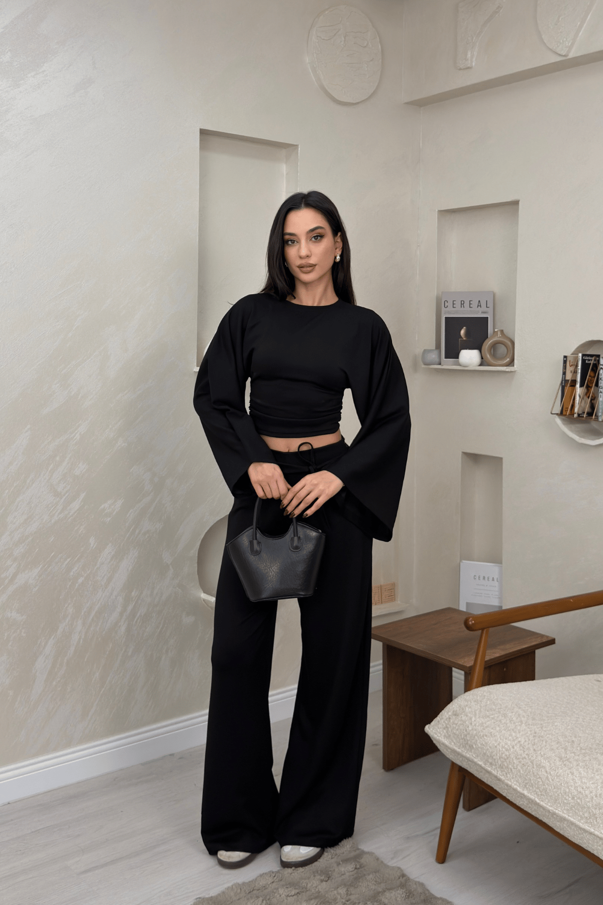 Alice Siyah Renkli Yarasa Kol Crop Bluz Genis Paca Pantolon Takim | miraylawear