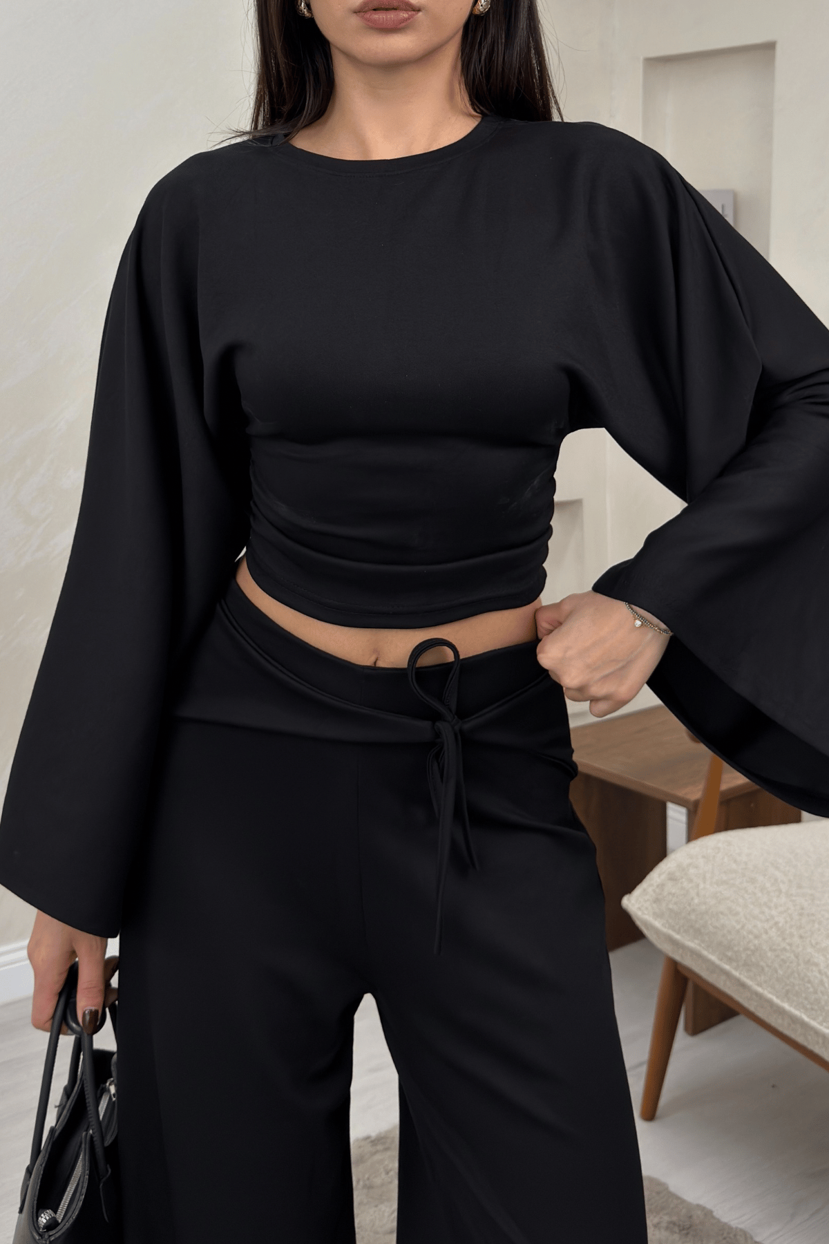 Alice Siyah Renkli Yarasa Kol Crop Bluz Genis Paca Pantolon Takim | miraylawear