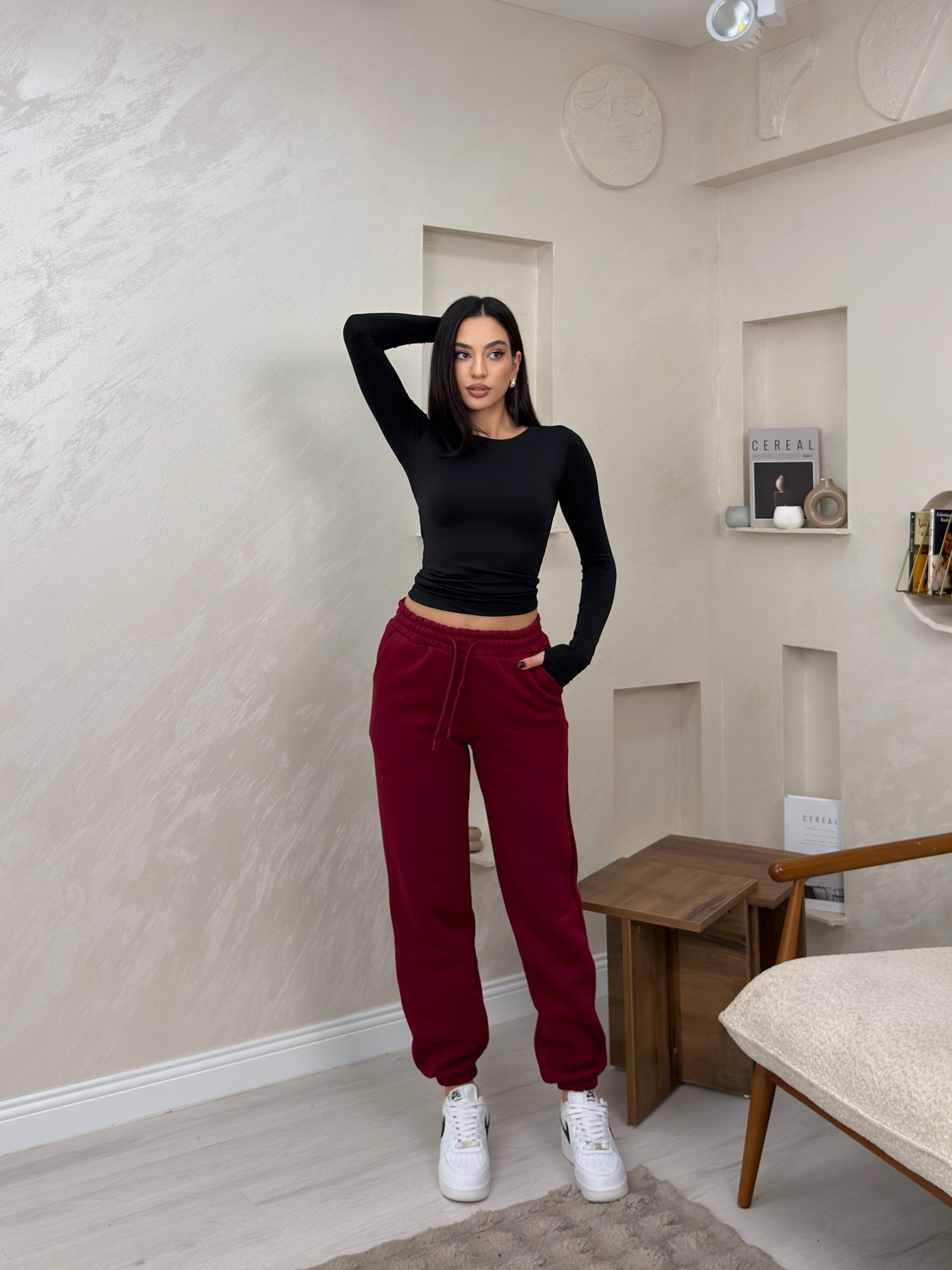 Amaris Bordo Renkli Bol Paça Beli Lastikli Kadın Eşofman Altı | miraylawear