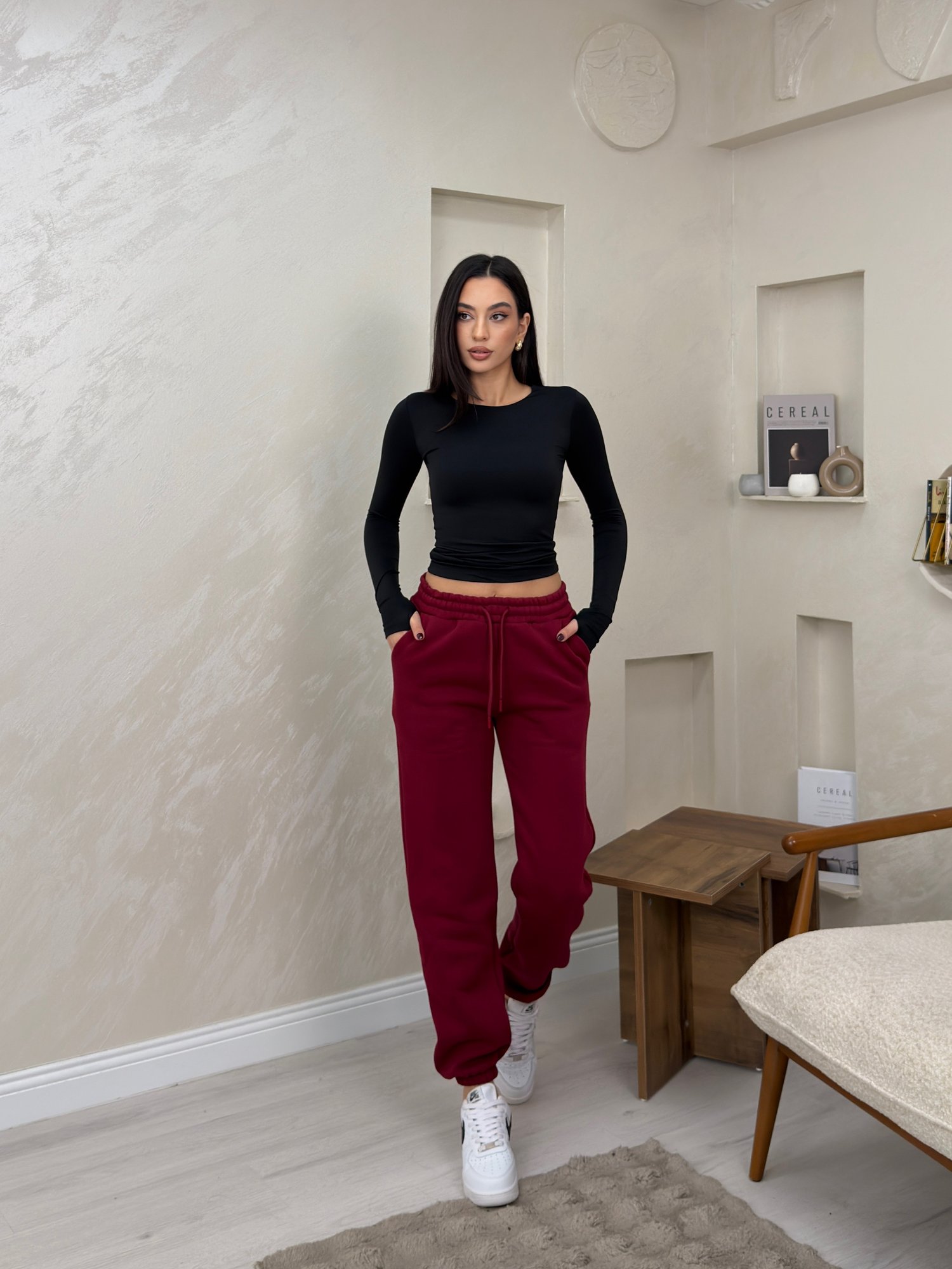 Amaris Bordo Renkli Bol Paça Beli Lastikli Kadın Eşofman Altı | miraylawear