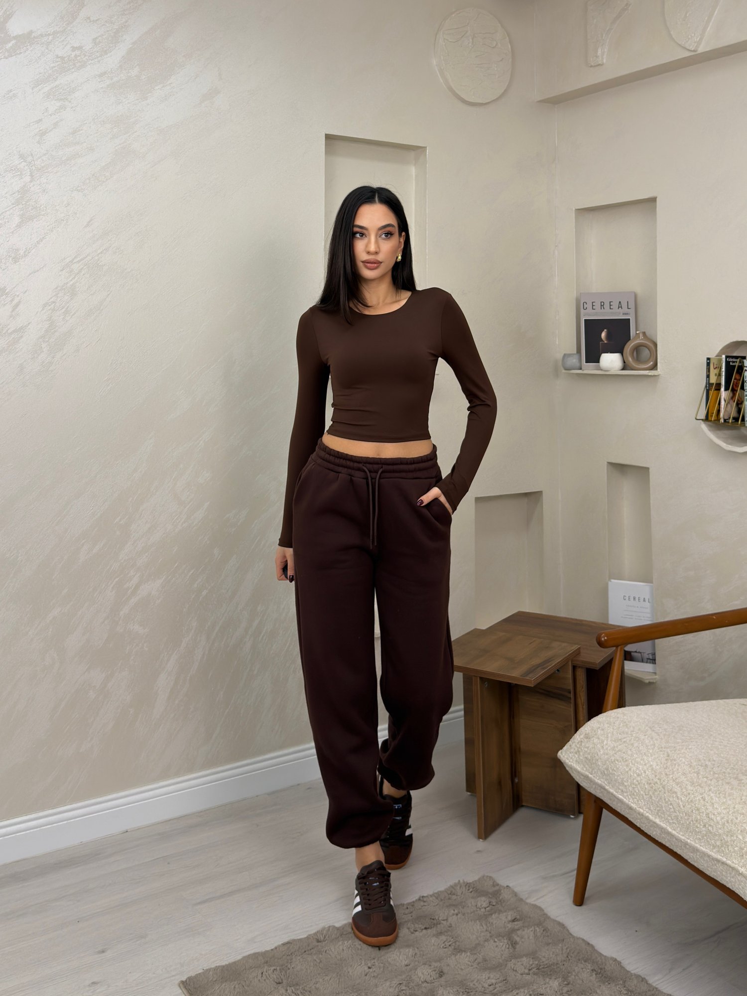 Amaris Kahve Renkli Bol Paça Beli Lastikli Kadın Eşofman Altı | miraylawear