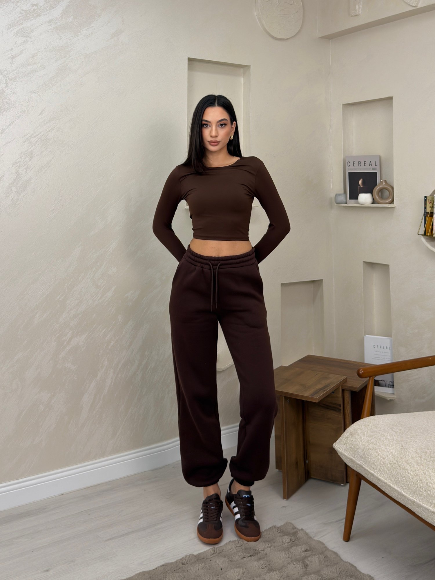 Amaris Kahve Renkli Bol Paça Beli Lastikli Kadın Eşofman Altı | miraylawear