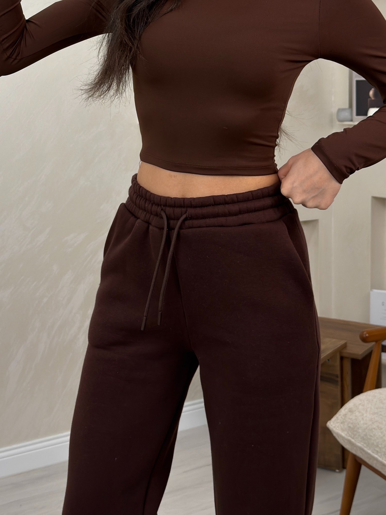 Amaris Kahve Renkli Bol Paça Beli Lastikli Kadın Eşofman Altı | miraylawear
