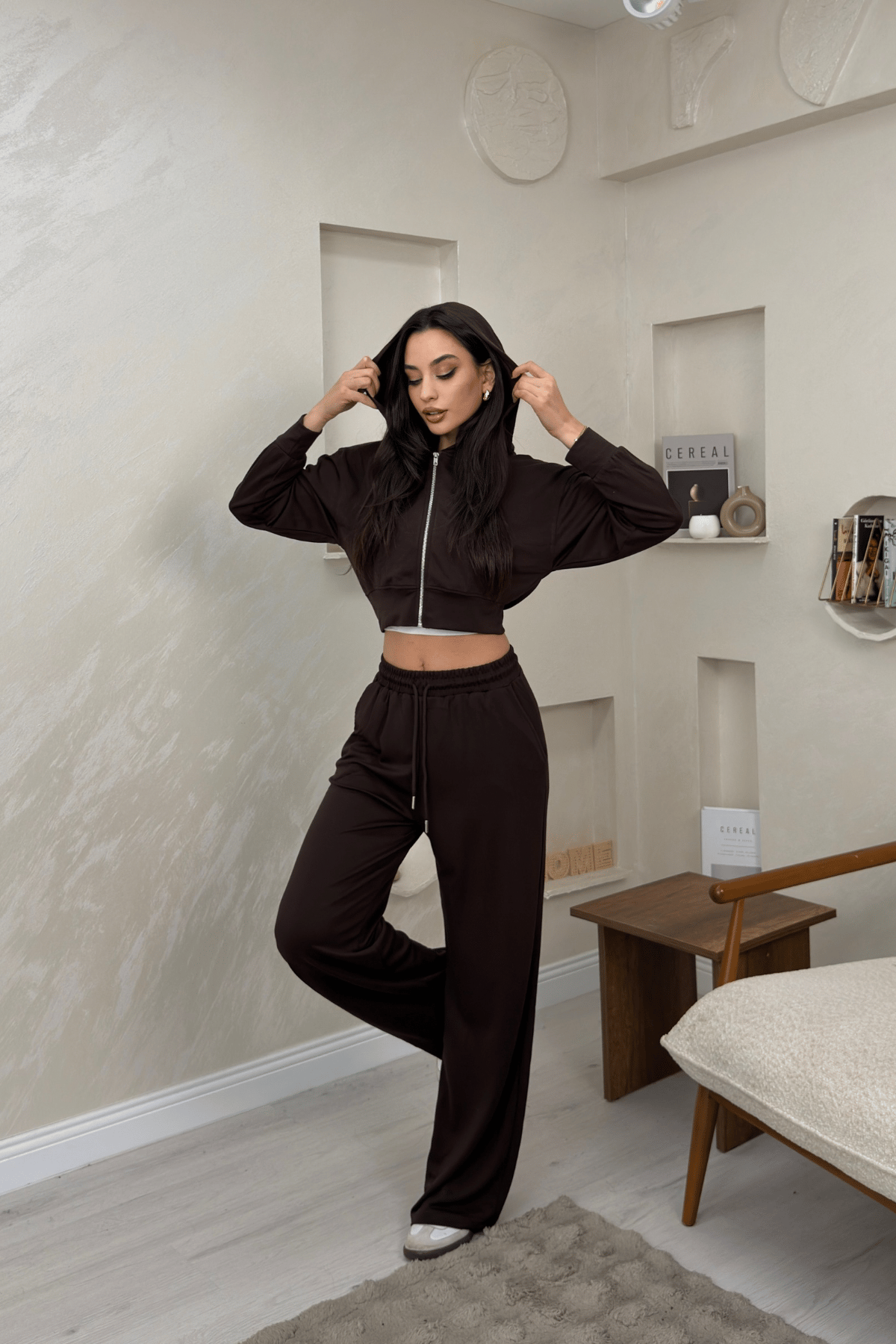 Angel Kahve Renkli Kapuşonlu Alt Üst Kadın Eşofman Takımı | miraylawear