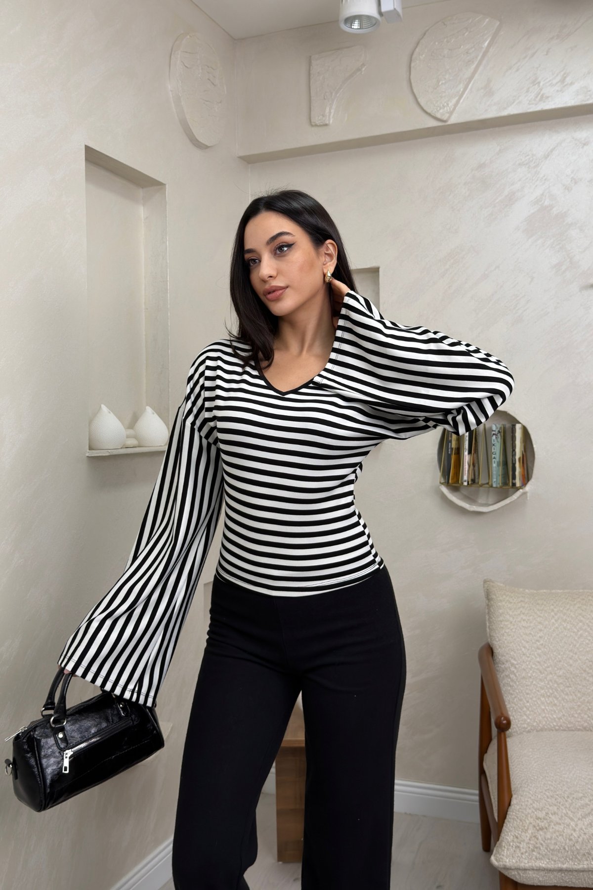 Anora Siyah Renkli Yarasa Kol Kadın Bluz | miraylawear