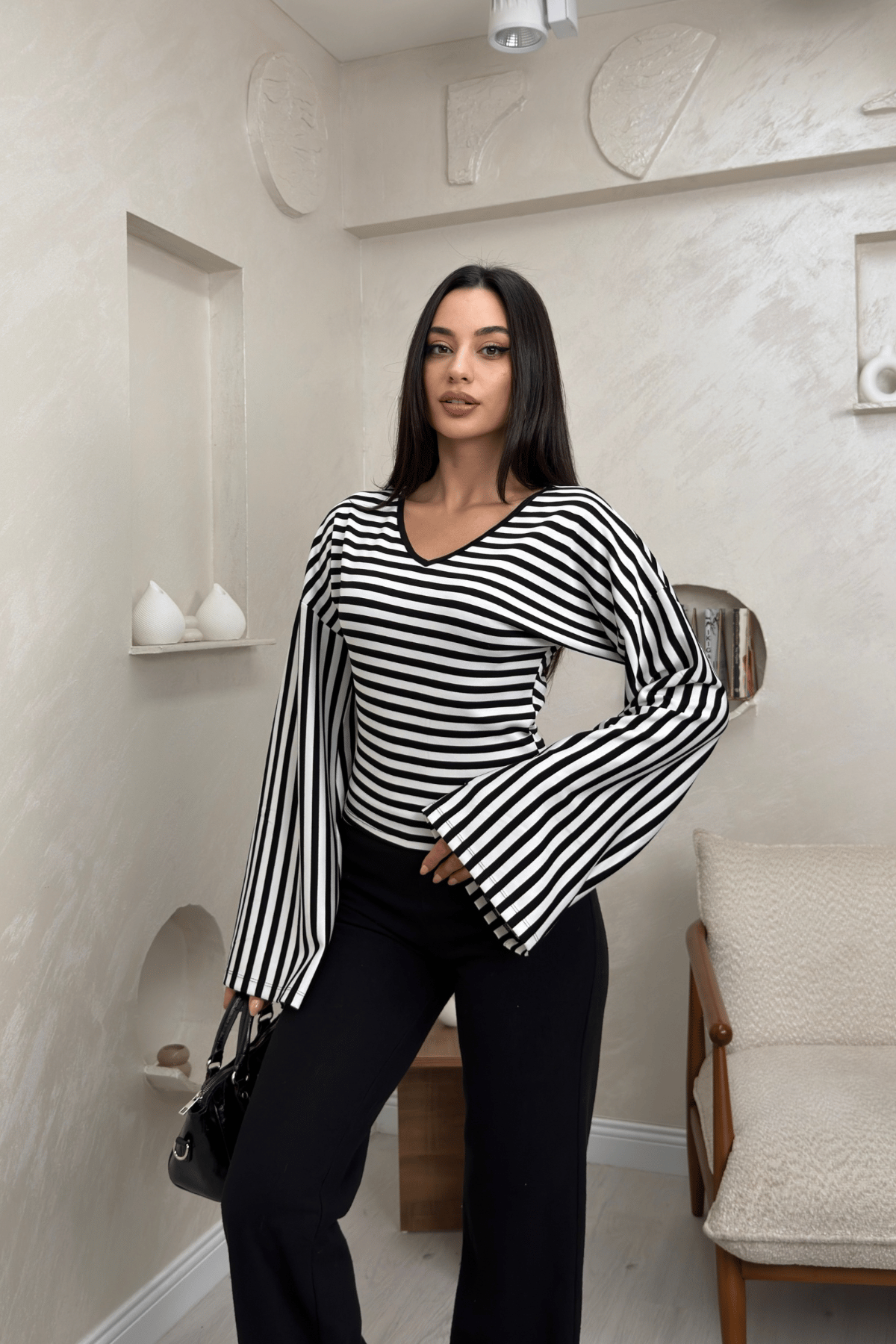 Anora Siyah Renkli Yarasa Kol Kadın Bluz | miraylawear