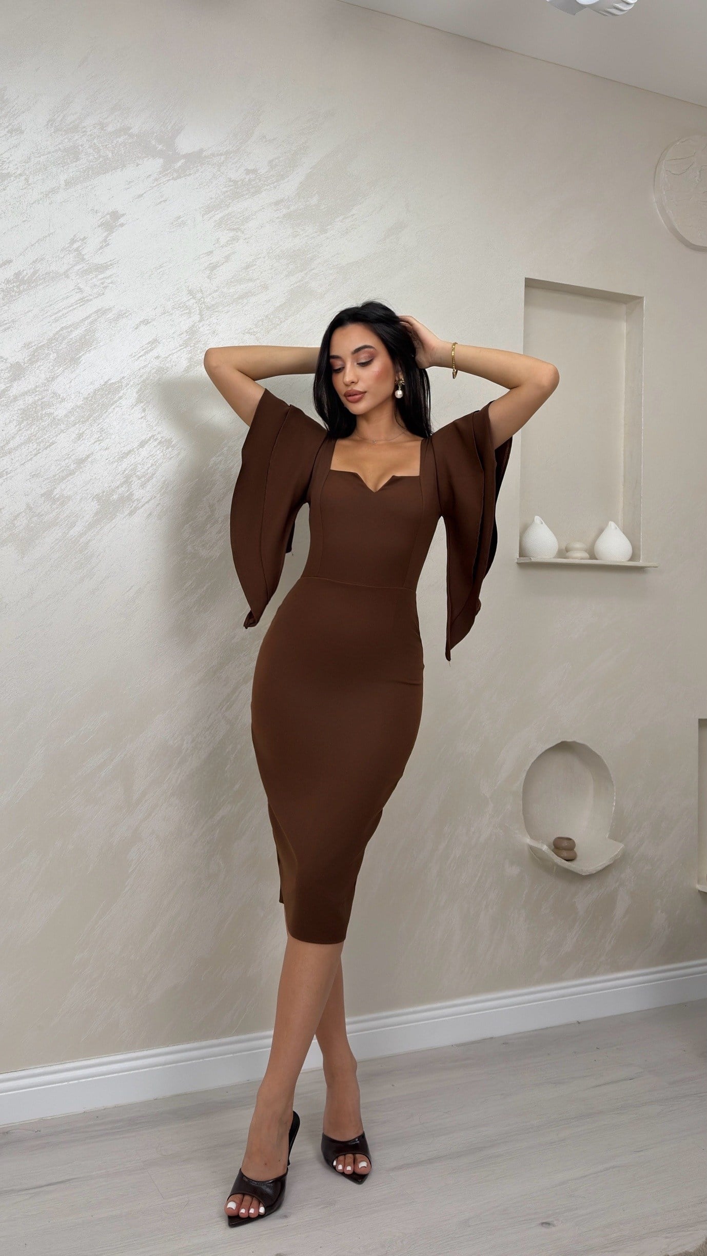 ANTONELLA KAHVE RENKLİ ELEGANT KADIN ELBİSE