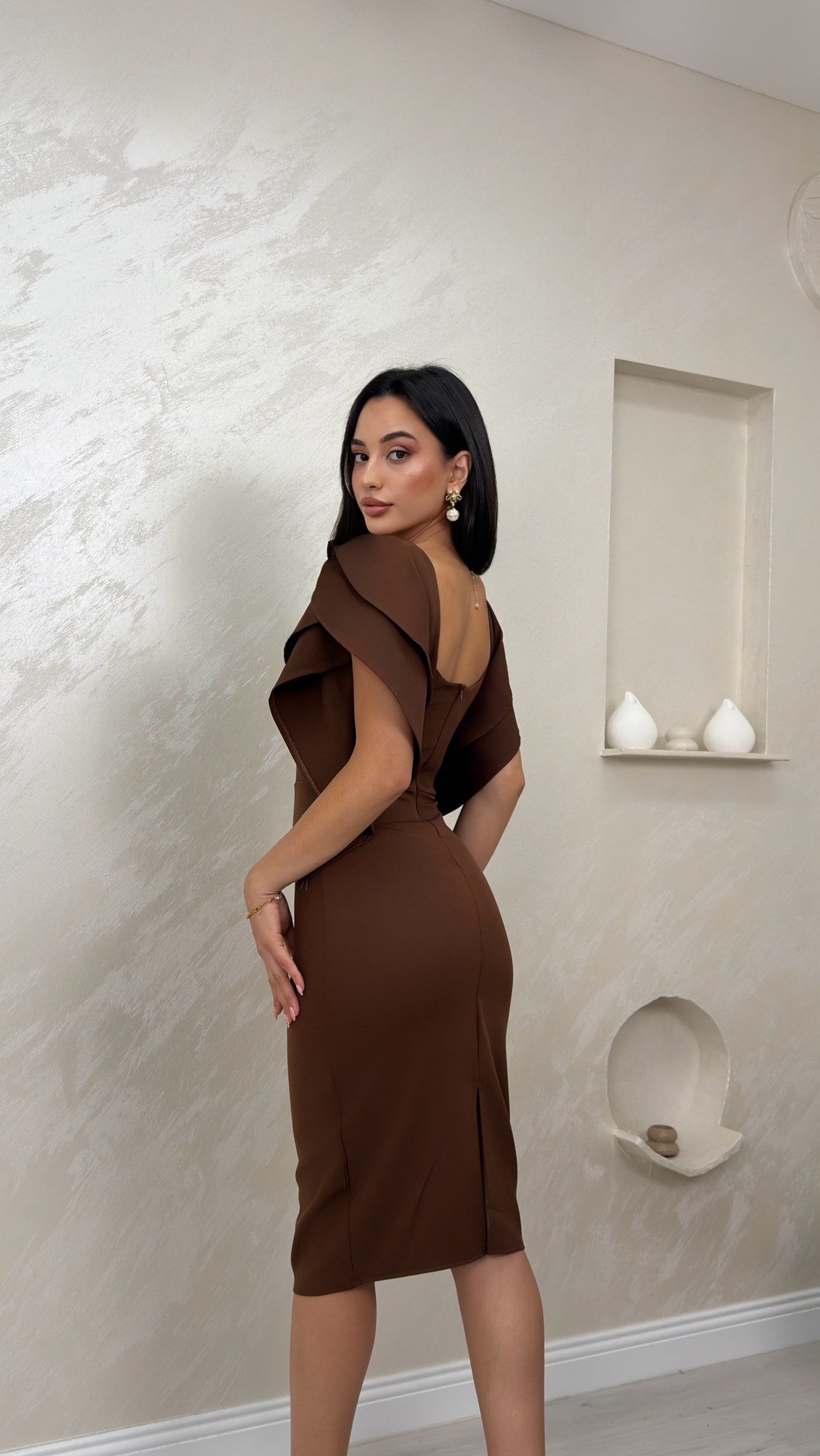 ANTONELLA KAHVE RENKLİ ELEGANT KADIN ELBİSE