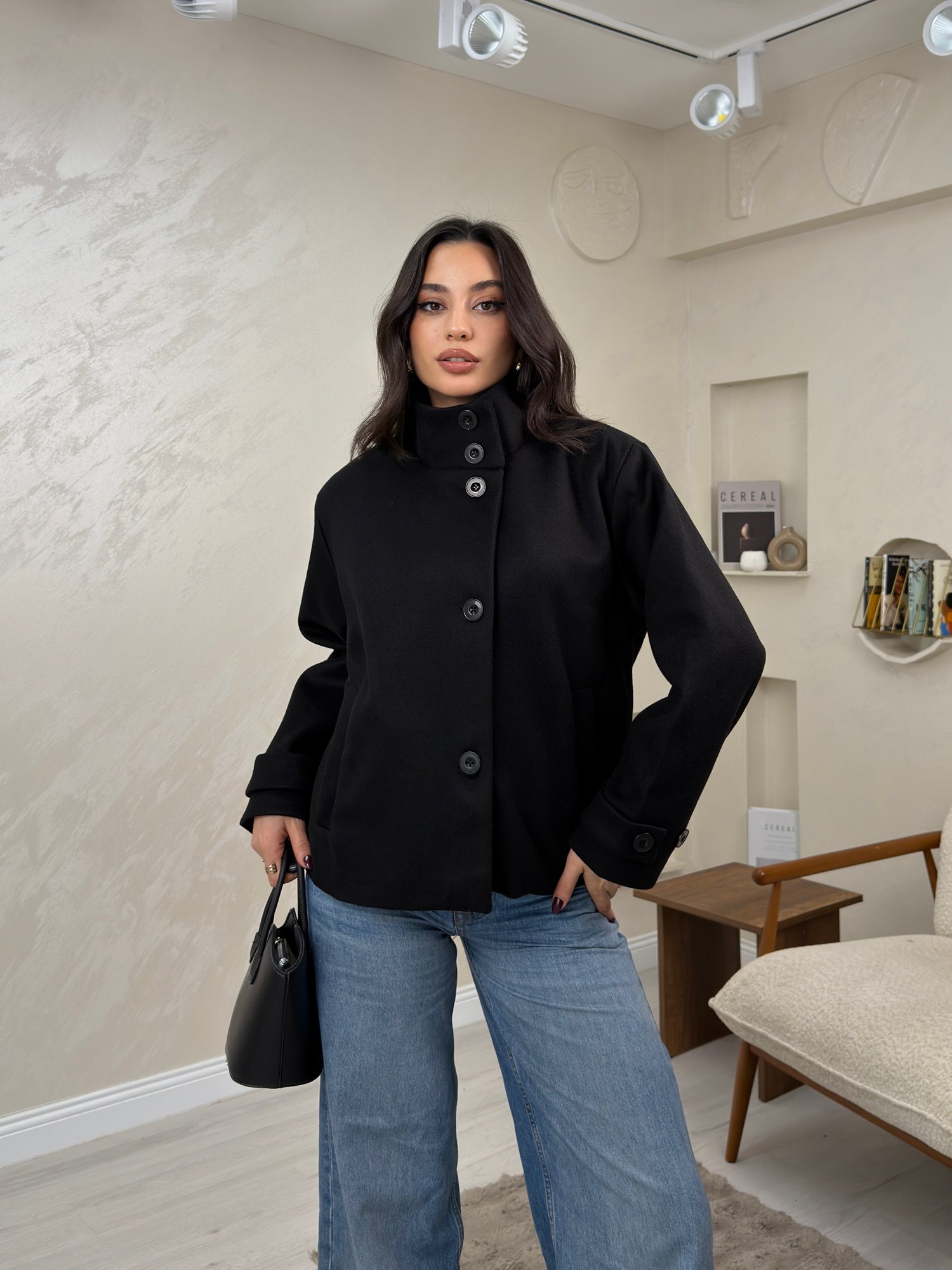 Aretha Siyah Renkli Dik Yaka Düğmeli Ekru Kadın Kaban | miraylawear