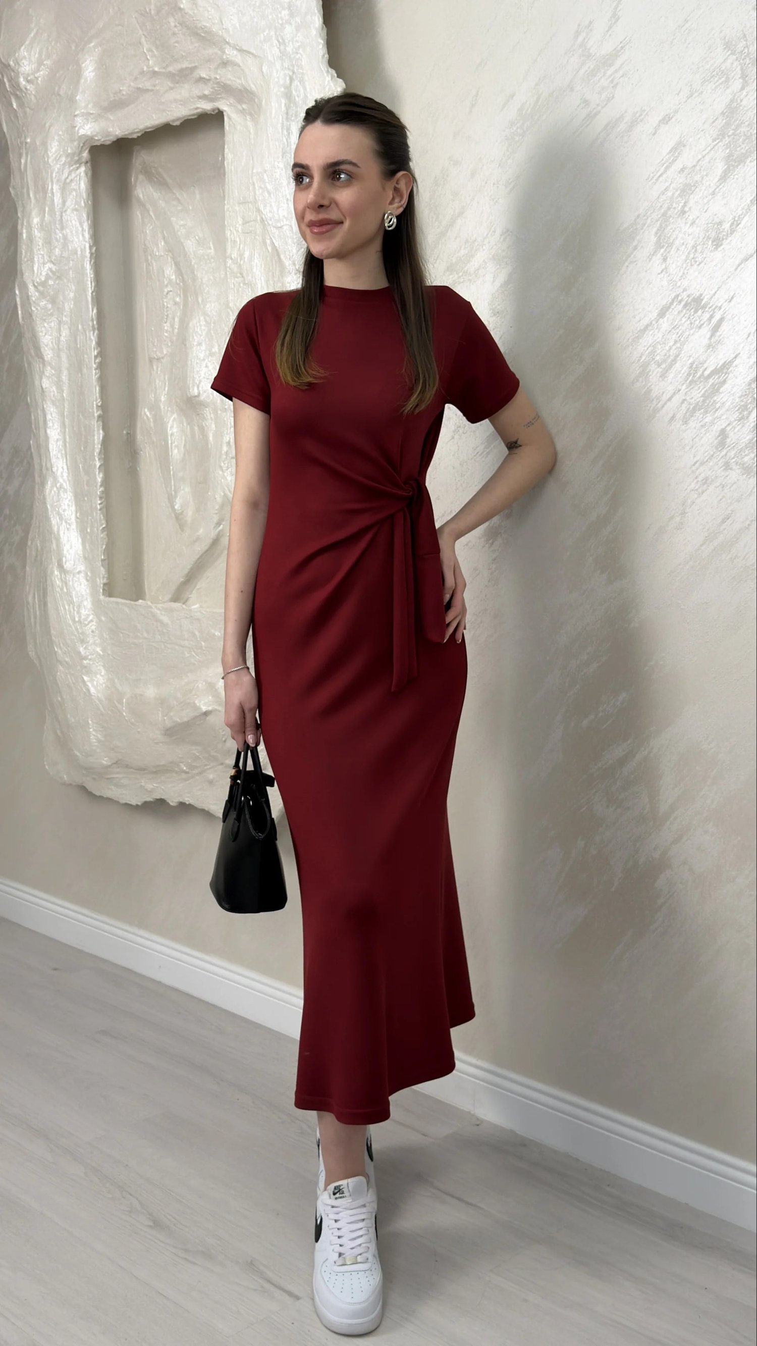 BELİ BAĞLAMALI MODAL KUMAŞ ELBİSE- BORDO