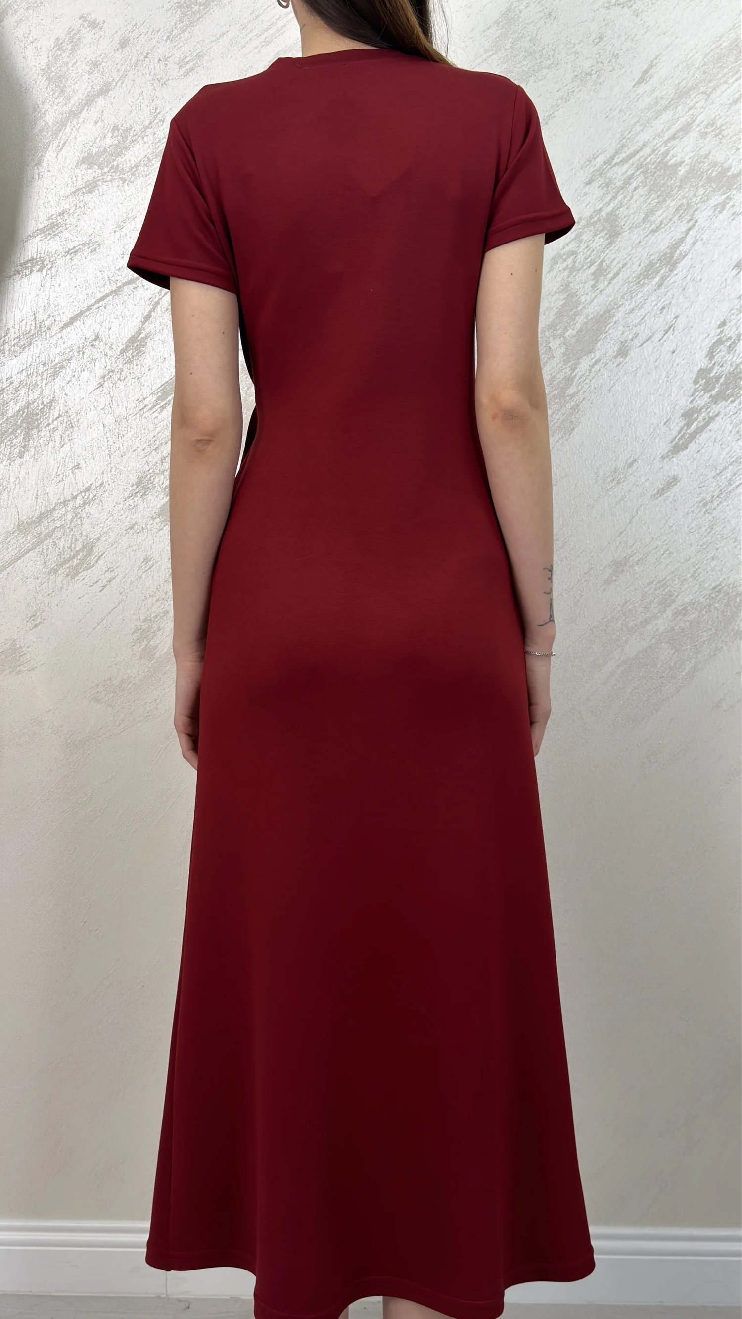 BELİ BAĞLAMALI MODAL KUMAŞ ELBİSE- BORDO