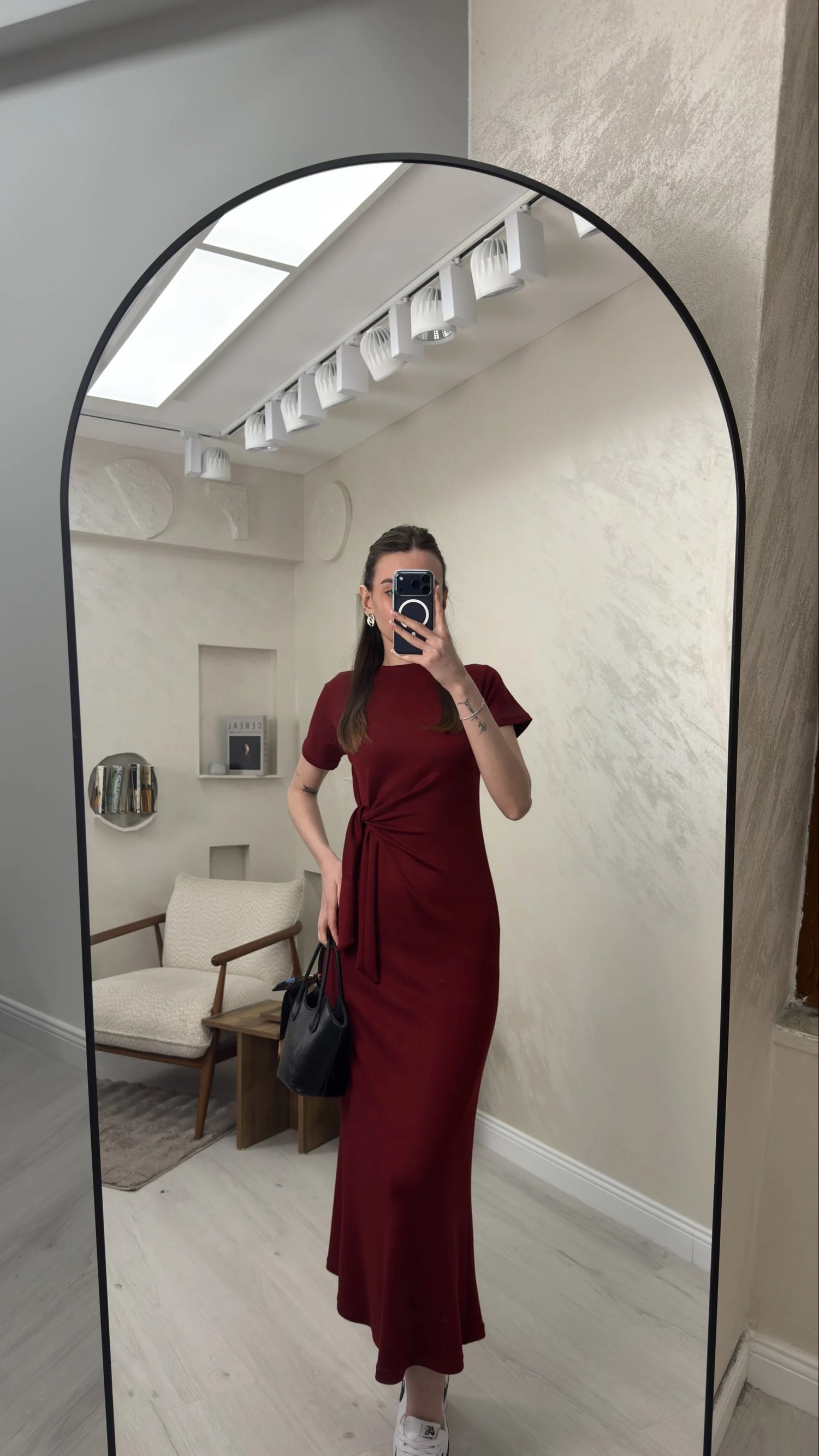 BELİ BAĞLAMALI MODAL KUMAŞ ELBİSE- BORDO