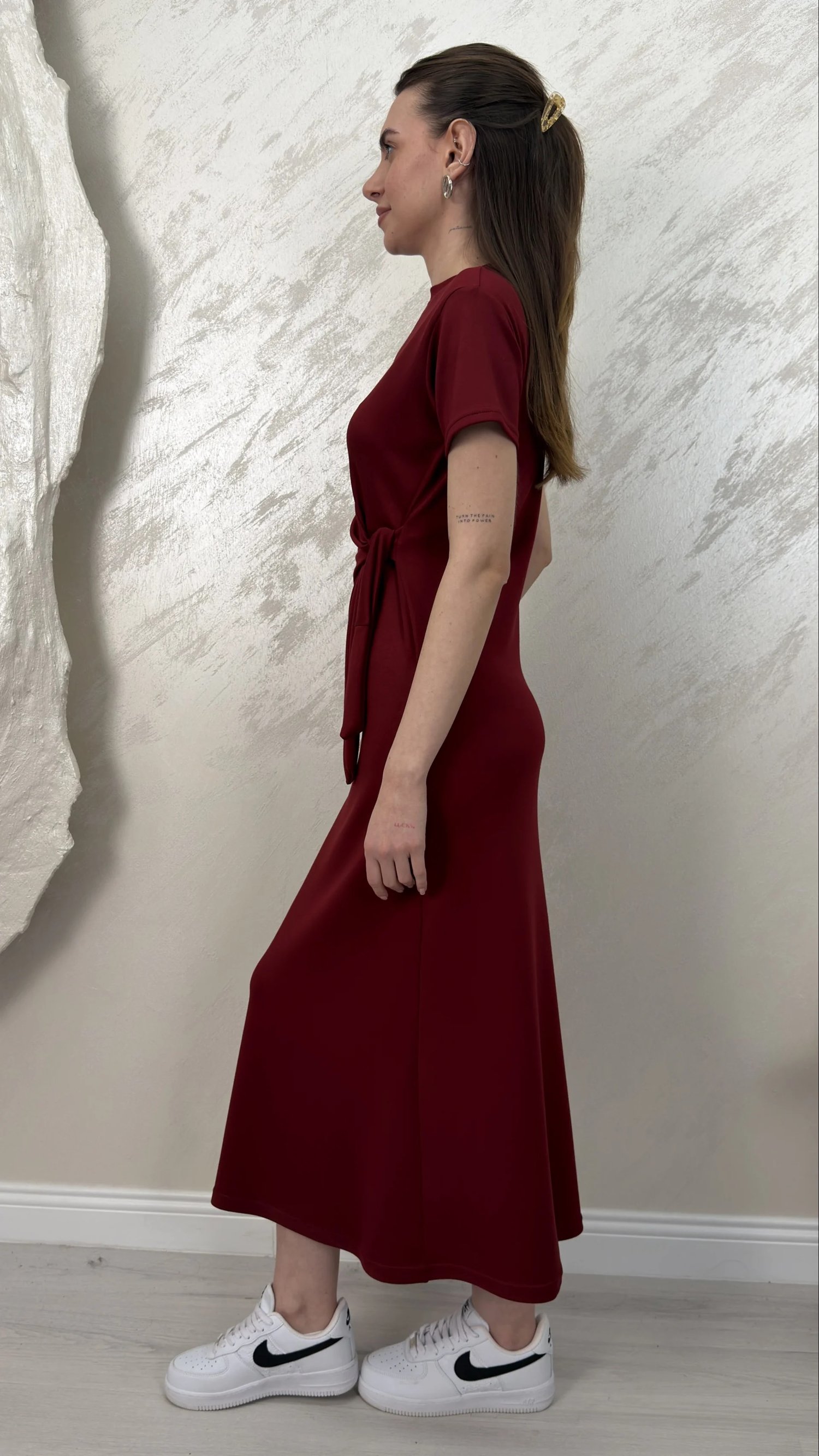 BELİ BAĞLAMALI MODAL KUMAŞ ELBİSE- BORDO