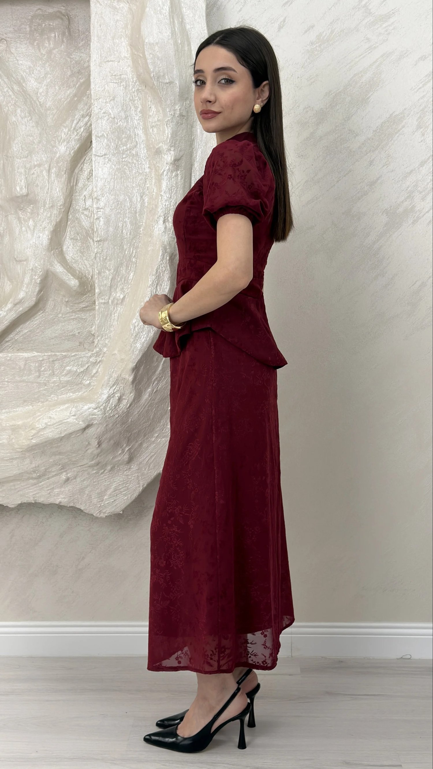 BELİ LASTİKLİ BASKILI ETEKLİ TAKIM- BORDO
