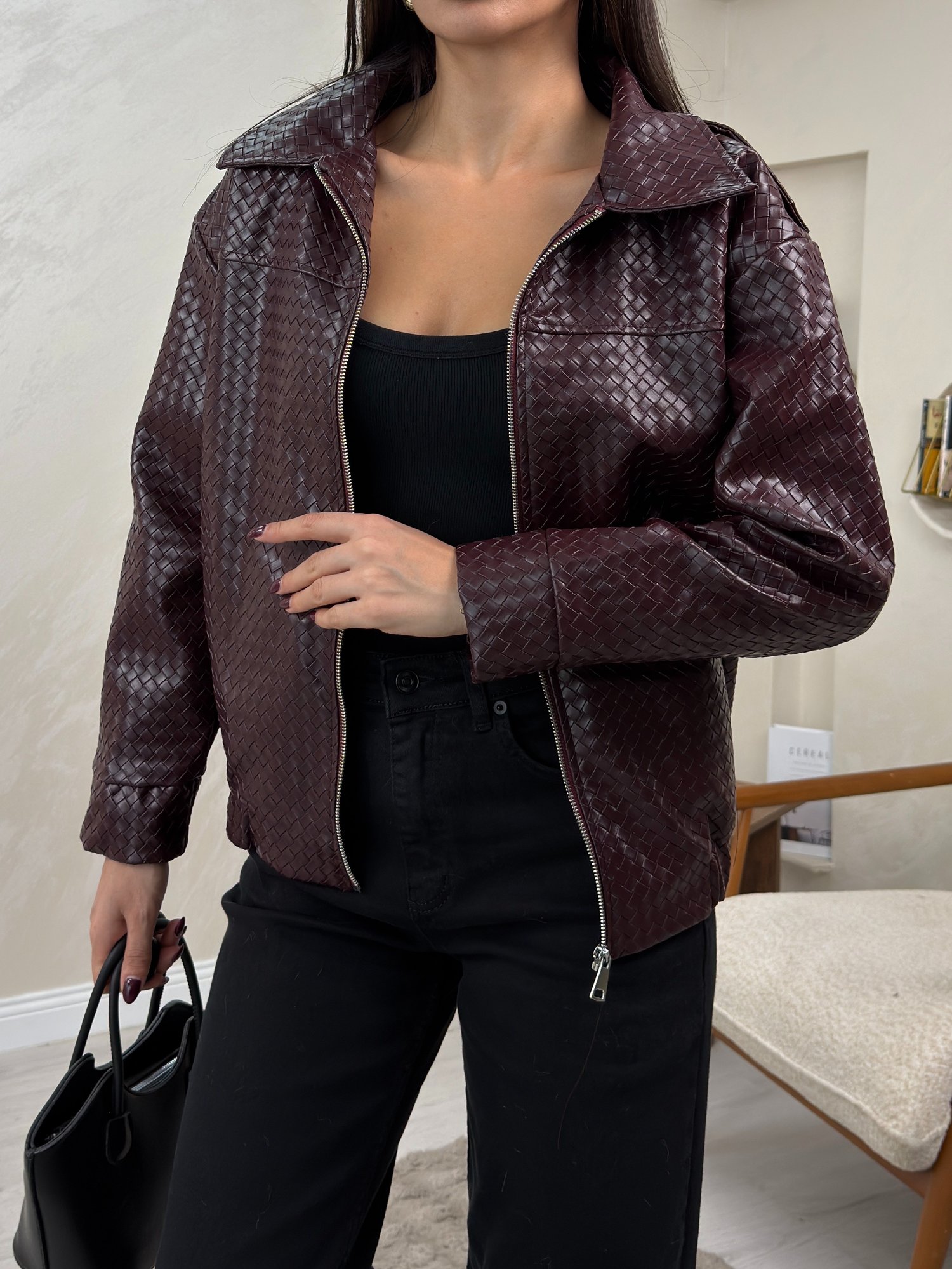 Bianca Mürdüm Renkli Örgü Dokulu Kadın Deri Ceket | miraylawear
