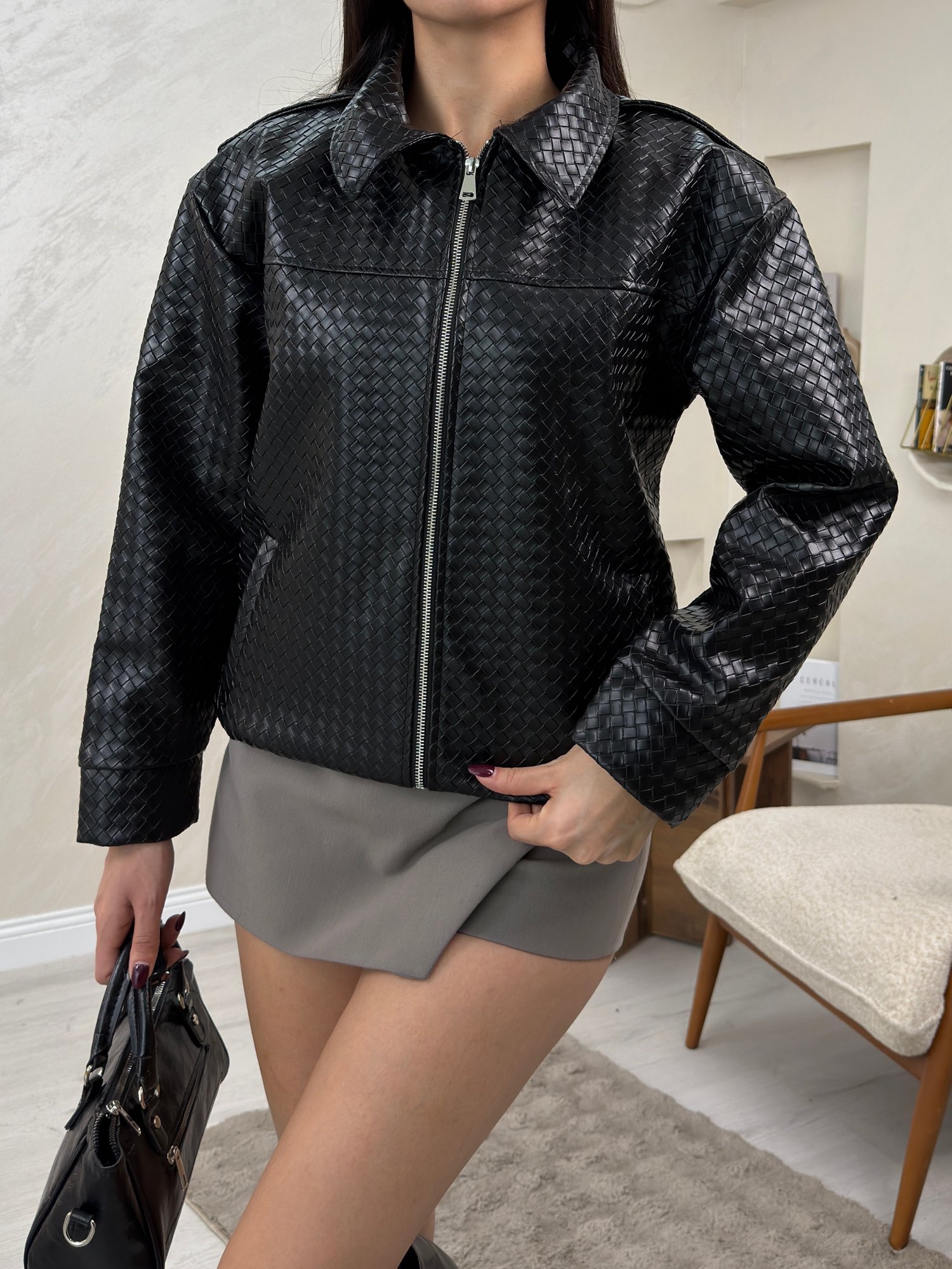 Bianca Siyah Renkli Örgü Dokulu Kadın Deri Ceket | miraylawear