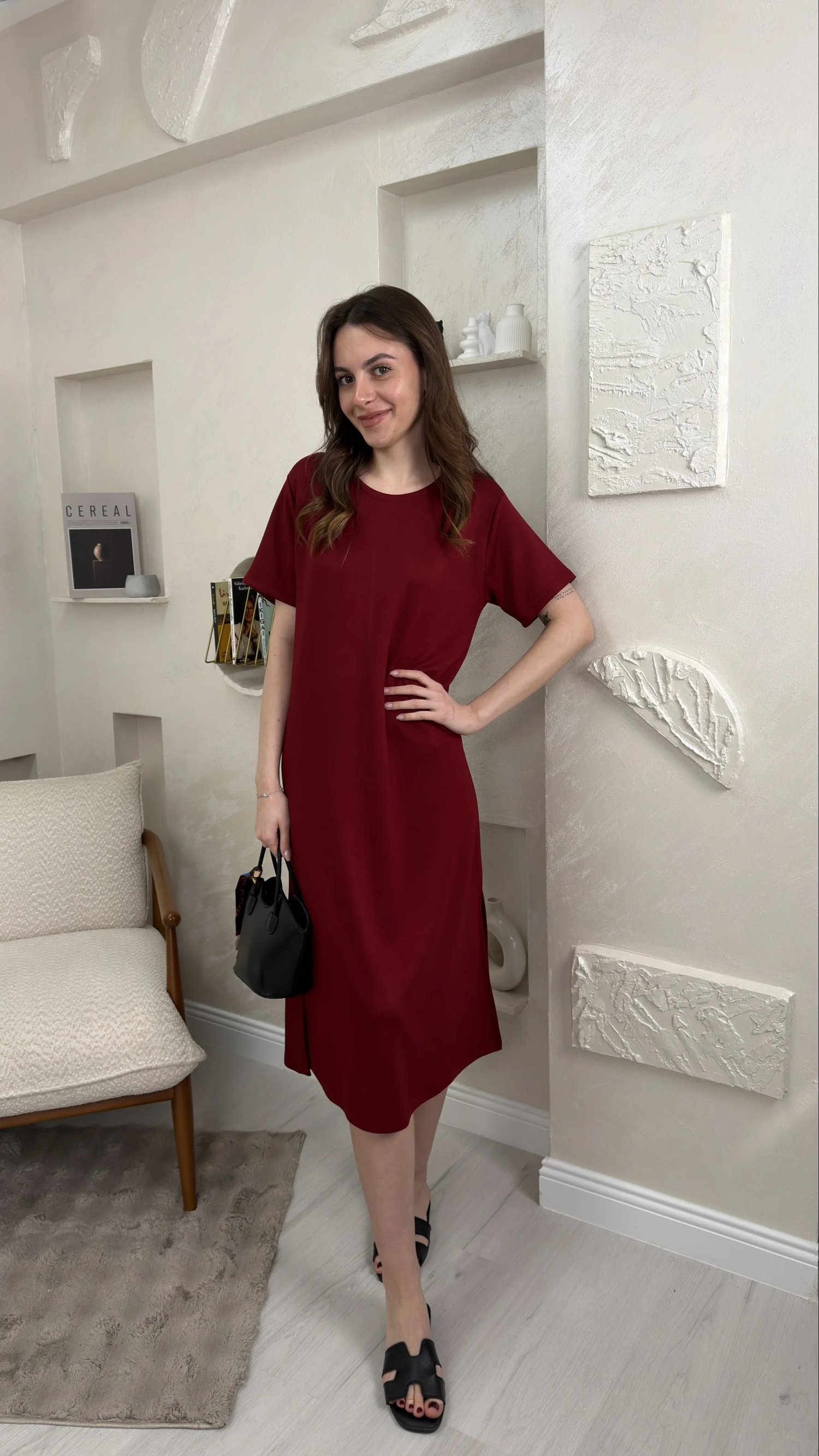 BİSİKLET YAKA MODAL KUMAŞ SALAŞ ELBİSE-BORDO