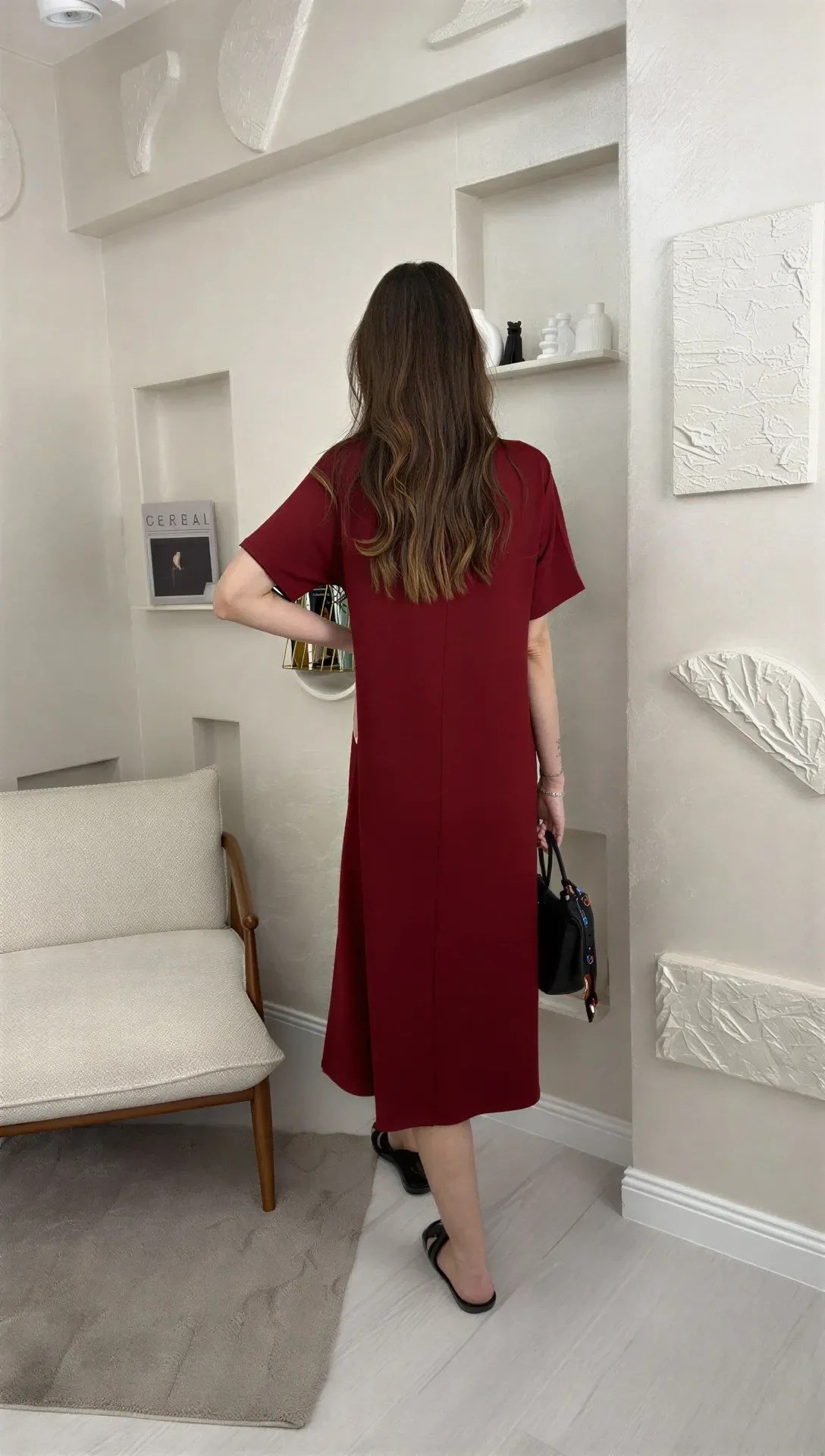 BİSİKLET YAKA MODAL KUMAŞ SALAŞ ELBİSE-BORDO