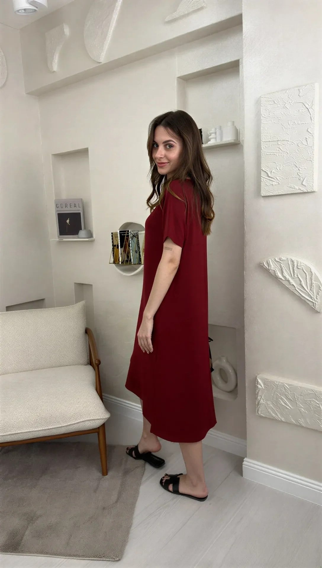 BİSİKLET YAKA MODAL KUMAŞ SALAŞ ELBİSE-BORDO
