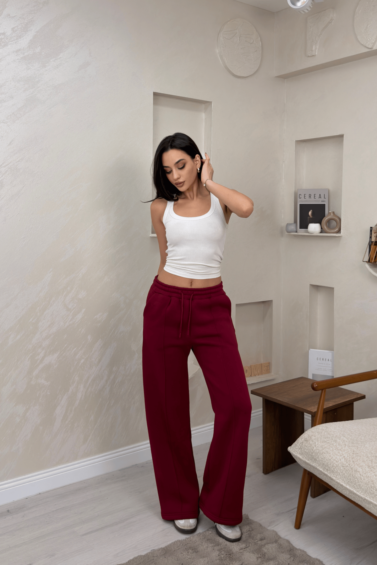 Celeste Bordo Renkli Bol Paça Beli Lastikli Kadın Eşofman Altı | miraylawear