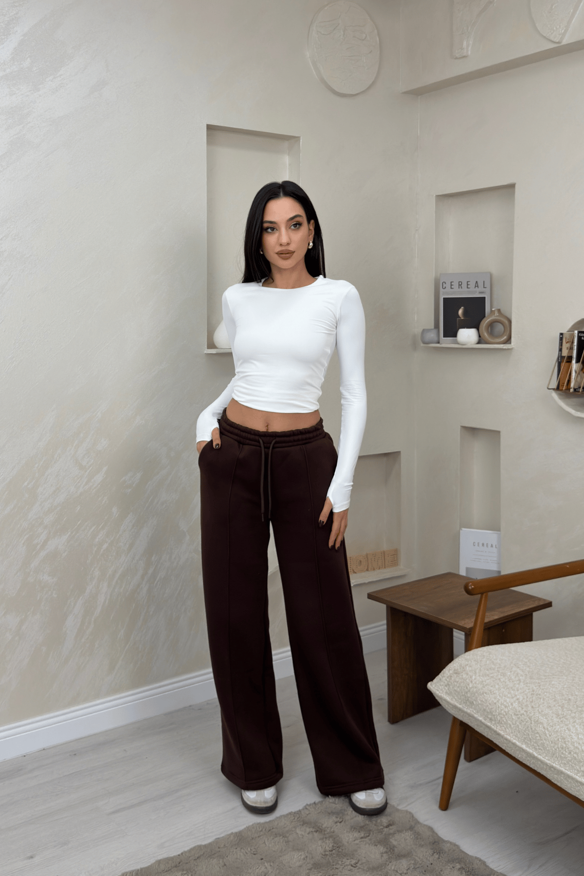 Celeste Kahve Renkli Bol Paça Beli Lastikli Kadın Eşofman Altı | miraylawear