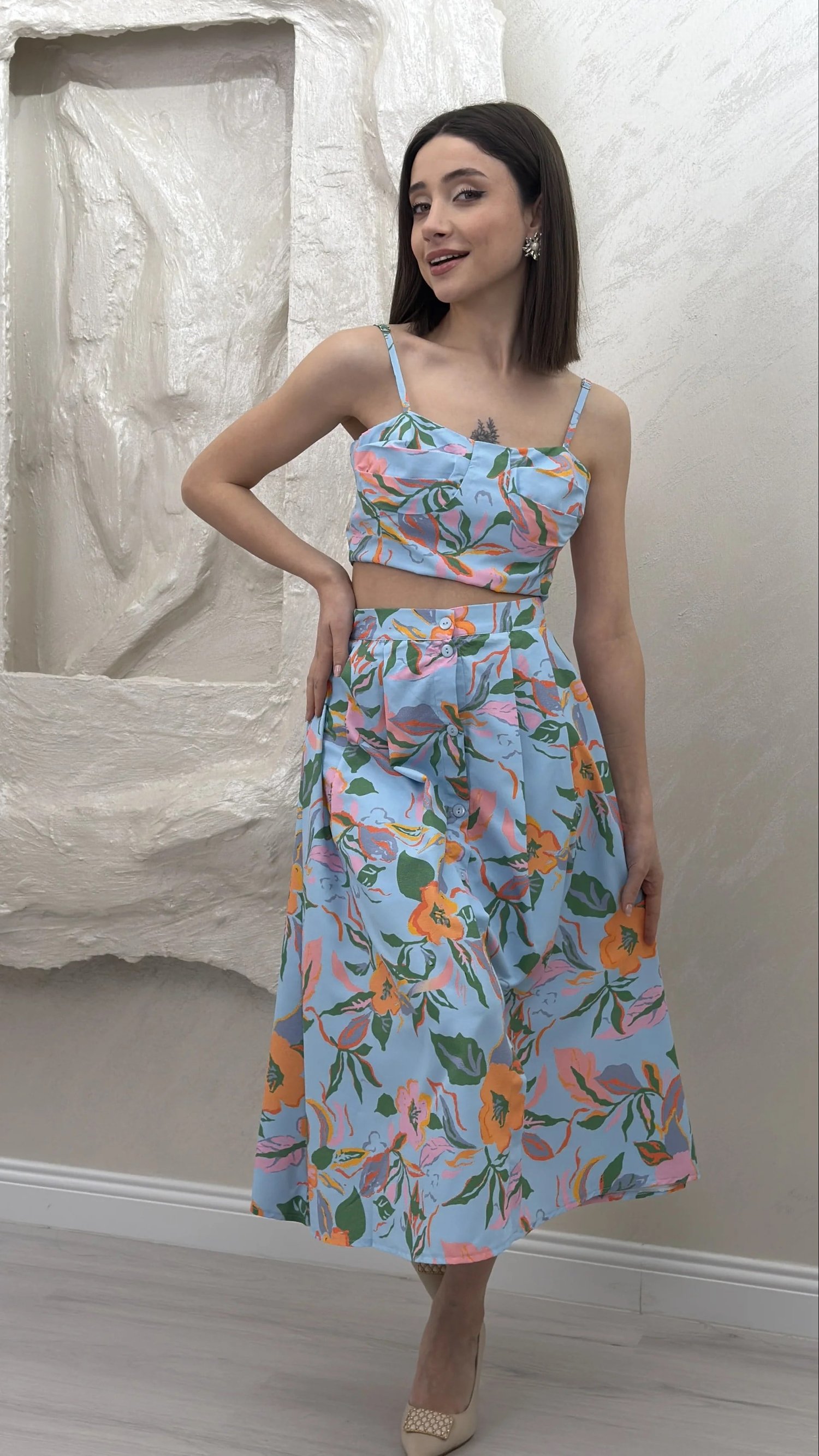 ÇİÇEK TASARIMLI CROP ETEK TAKIM