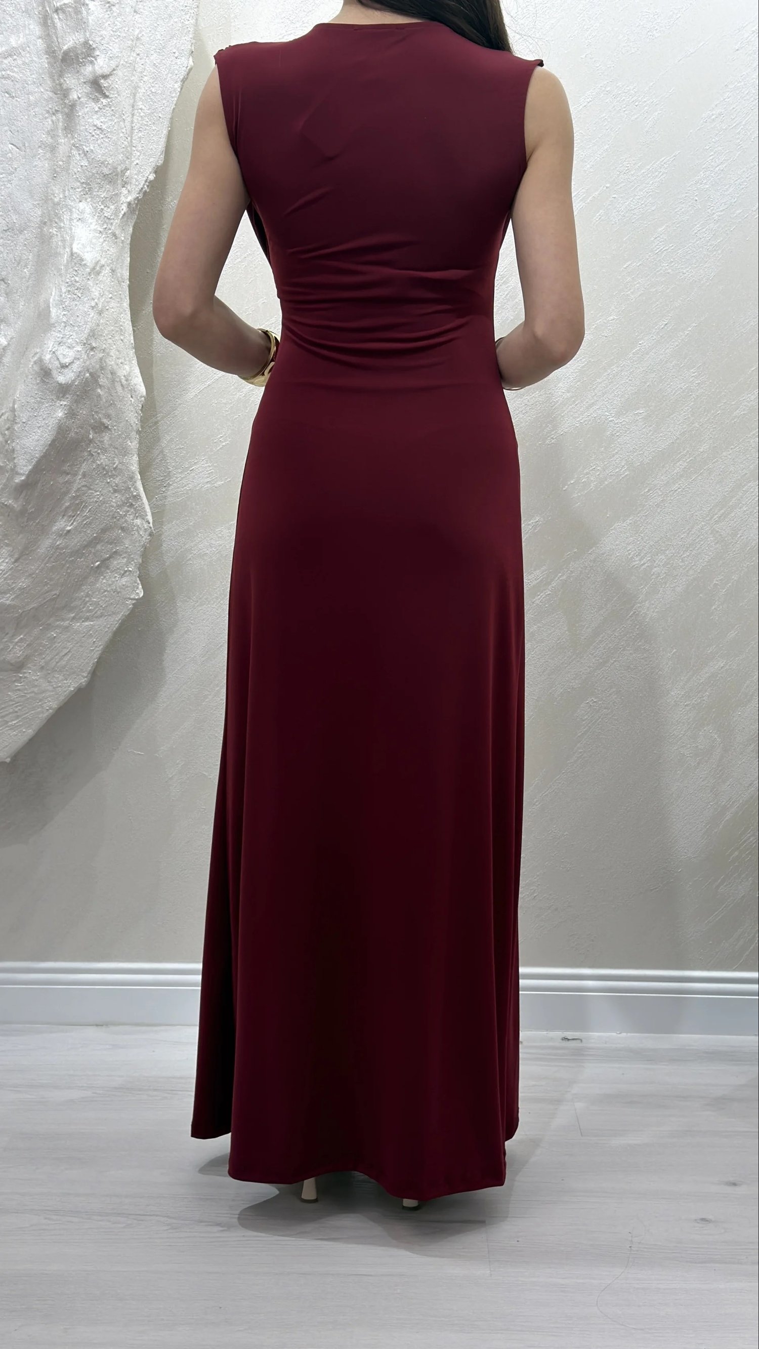 DEGAJE YAKA SANDY ELBİSE- BORDO
