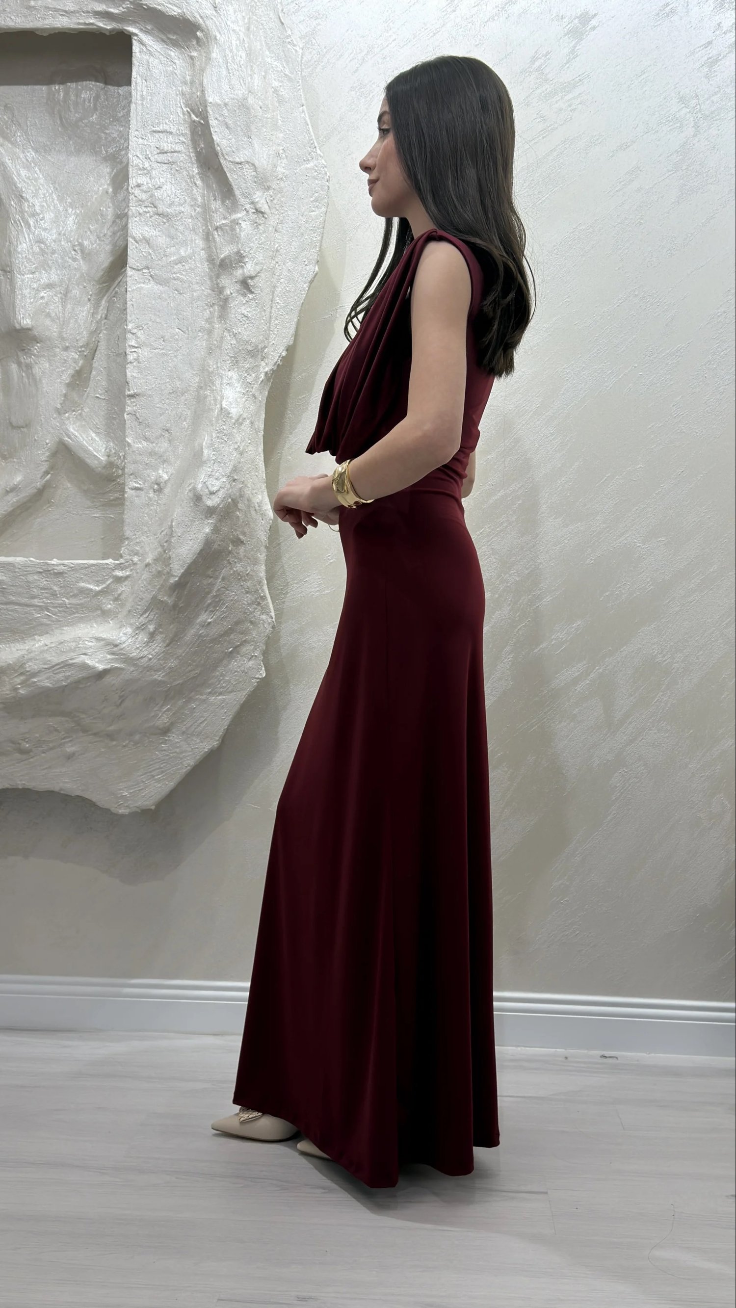 DEGAJE YAKA SANDY ELBİSE- BORDO