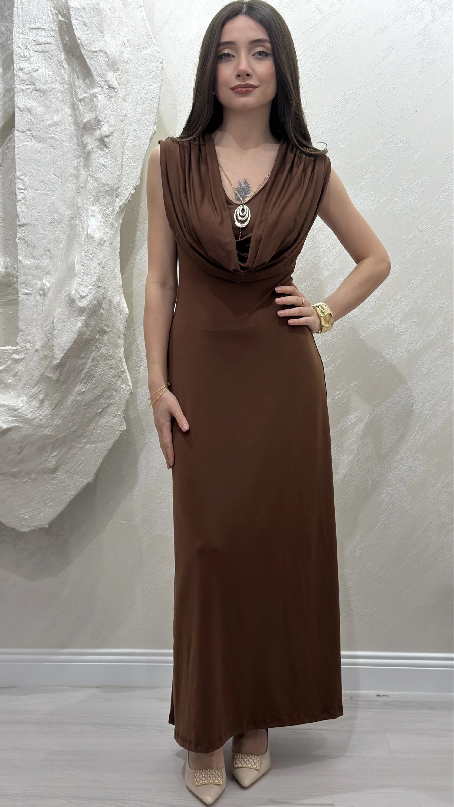 DEGAJE YAKA SANDY ELBİSE- KAHVE