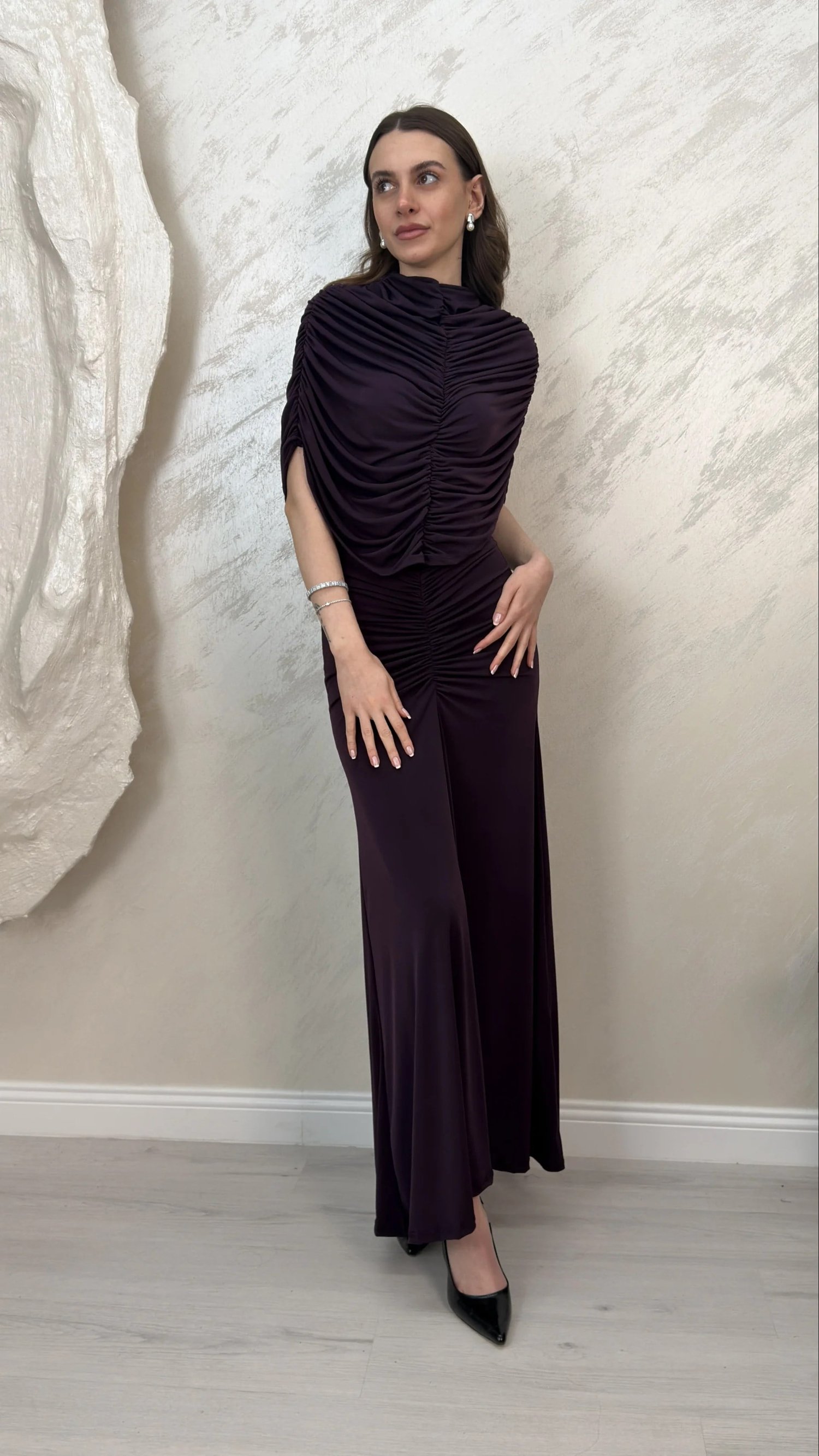 DRAPE DETAYLI DAVET ELBİSESİ-MÜRDÜM