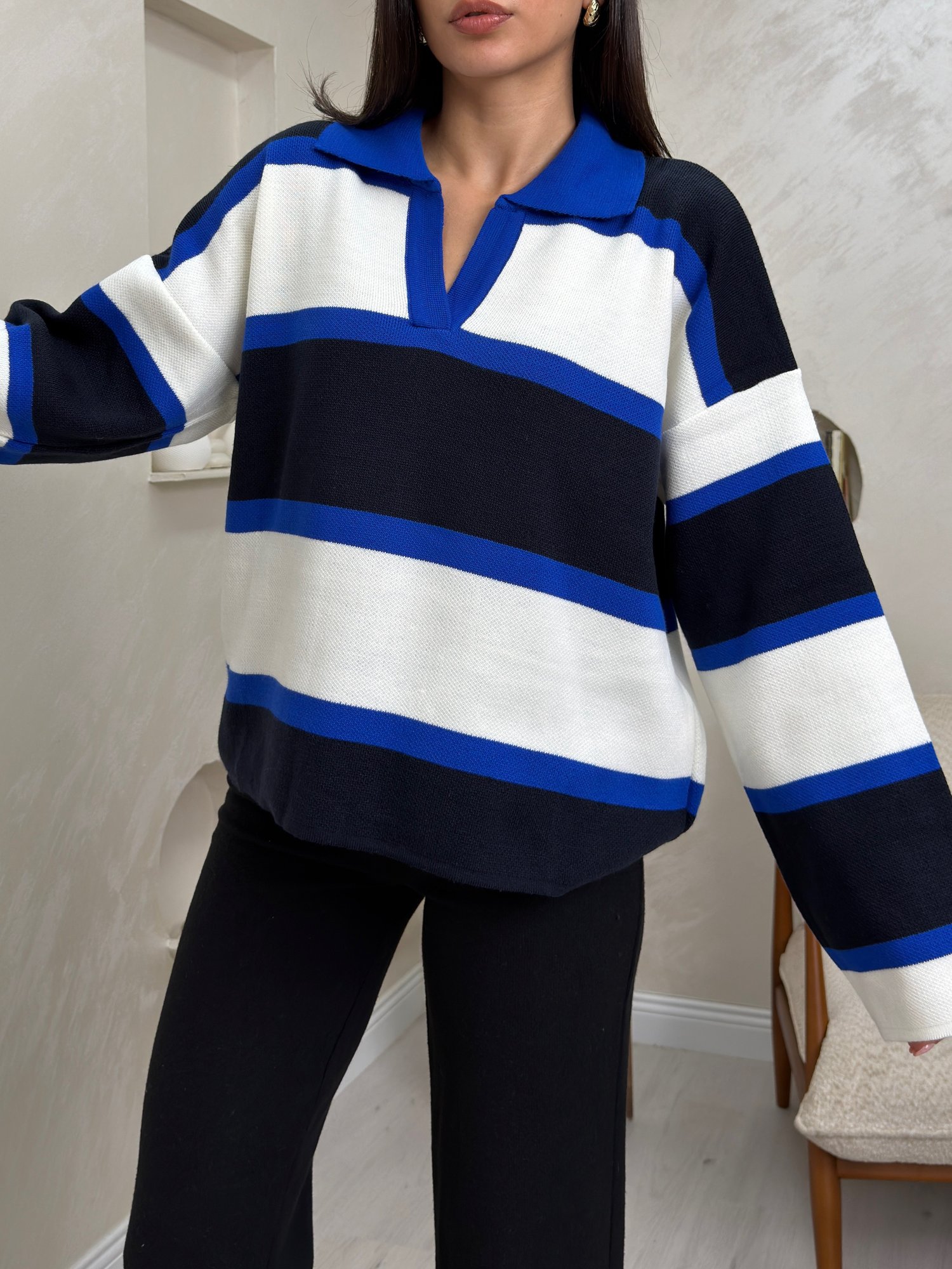 Elisa Lacivert Renkli Polo Yaka Triko Kazak | miraylawear