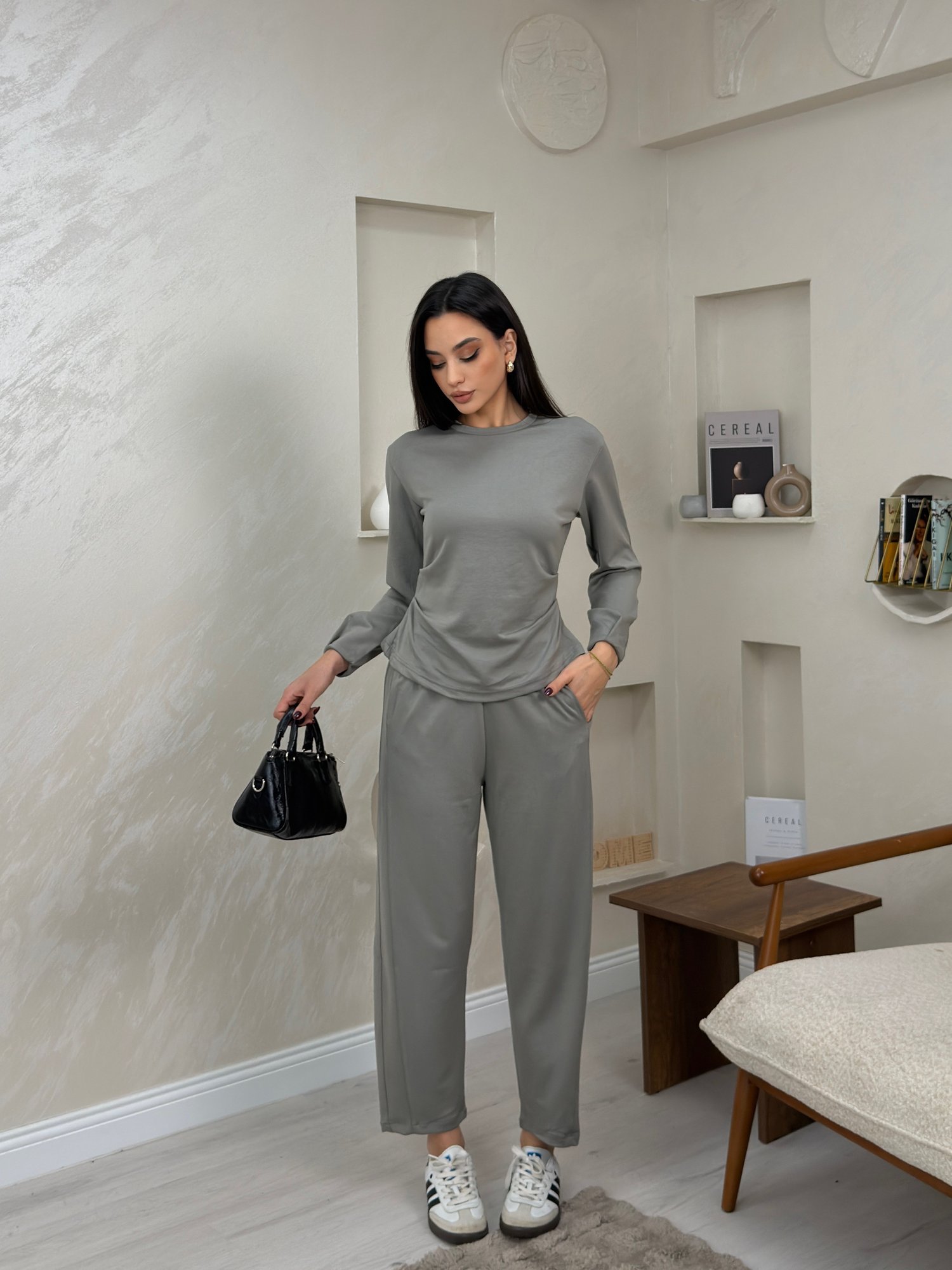 Ella Gri Bisiklet Yaka Uzun Kollu Kadın Alt Üst Takım | miraylawear