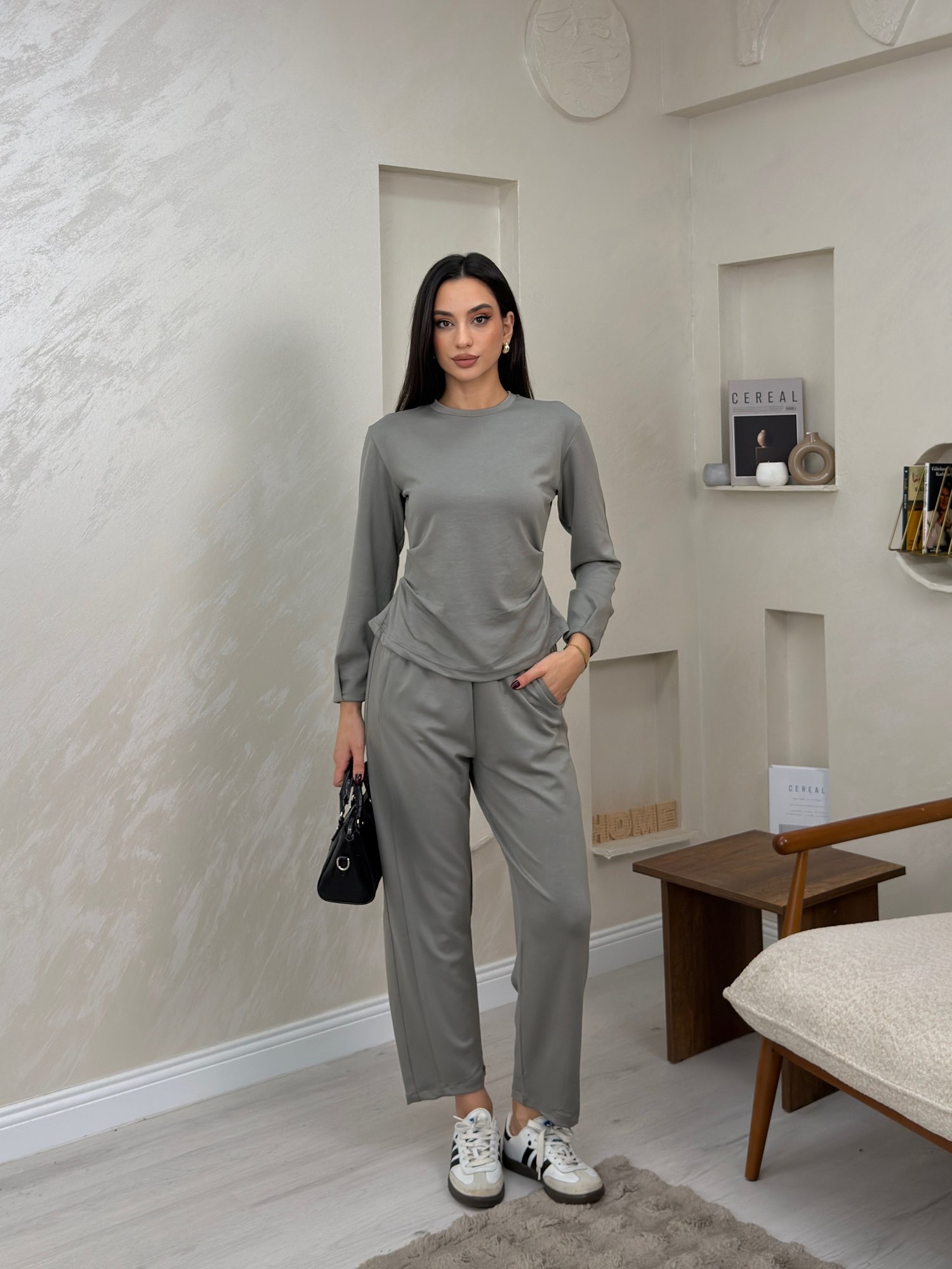 Ella Gri Bisiklet Yaka Uzun Kollu Kadın Alt Üst Takım | miraylawear