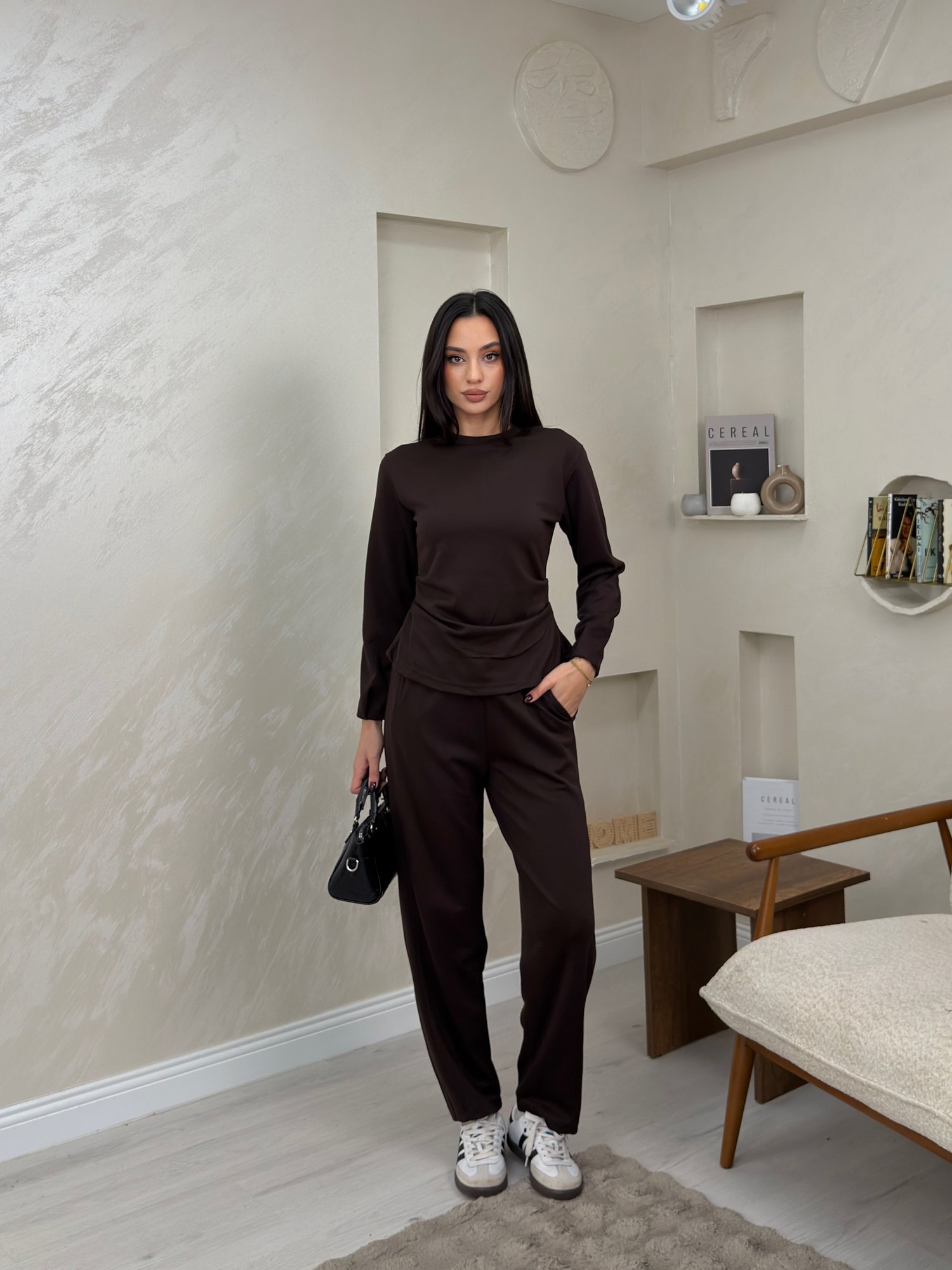Ella Kahve Bisiklet Yaka Uzun Kollu Kadın Alt Üst Takım | miraylawear