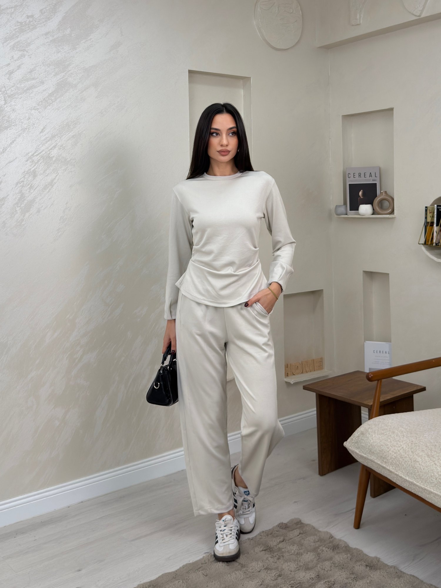 Ella Krem Bisiklet Yaka Uzun Kollu Kadın Alt Üst Takım | miraylawear