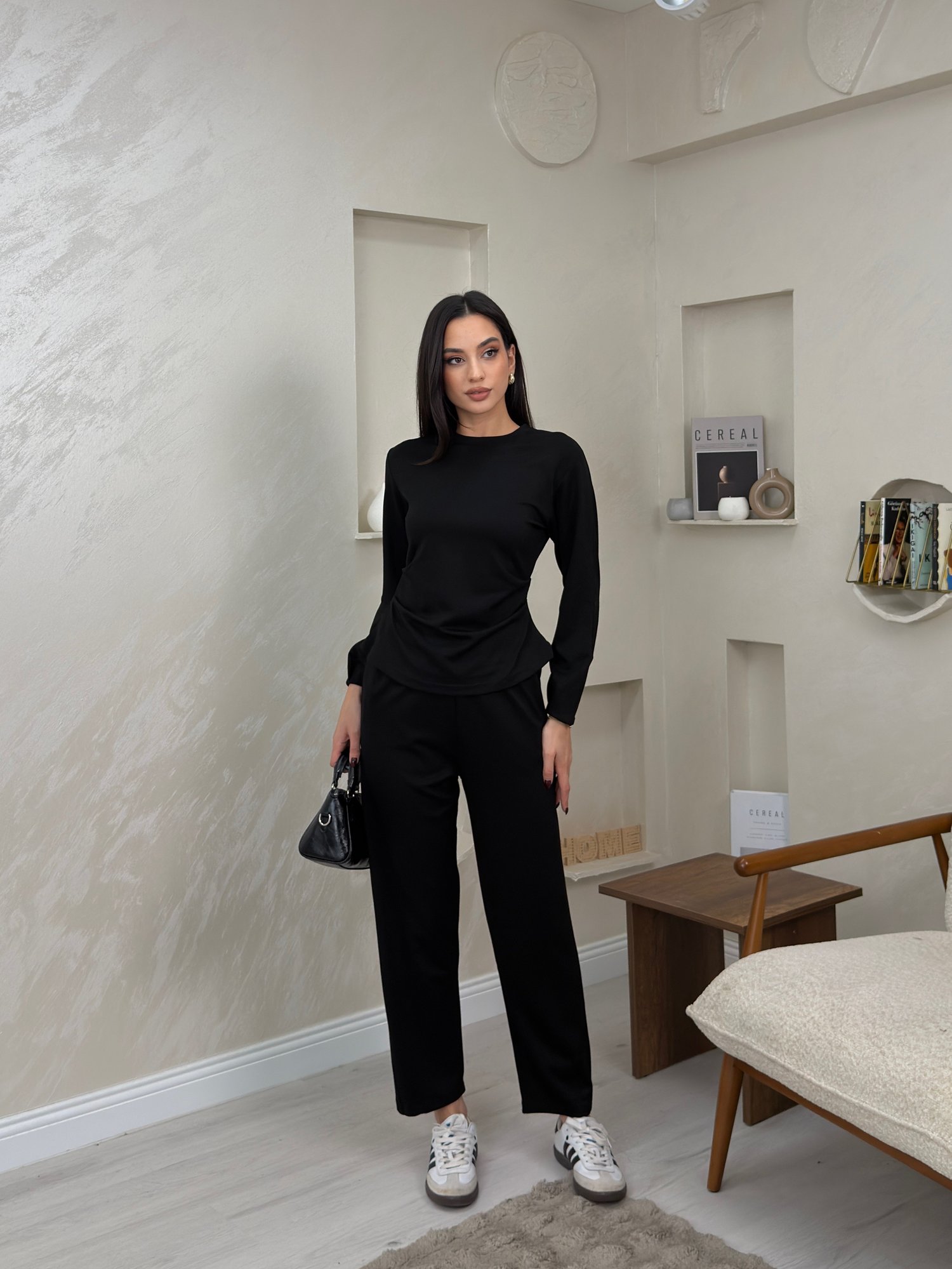 Ella Siyah Bisiklet Yaka Uzun Kollu Kadın Alt Üst Takım | miraylawear