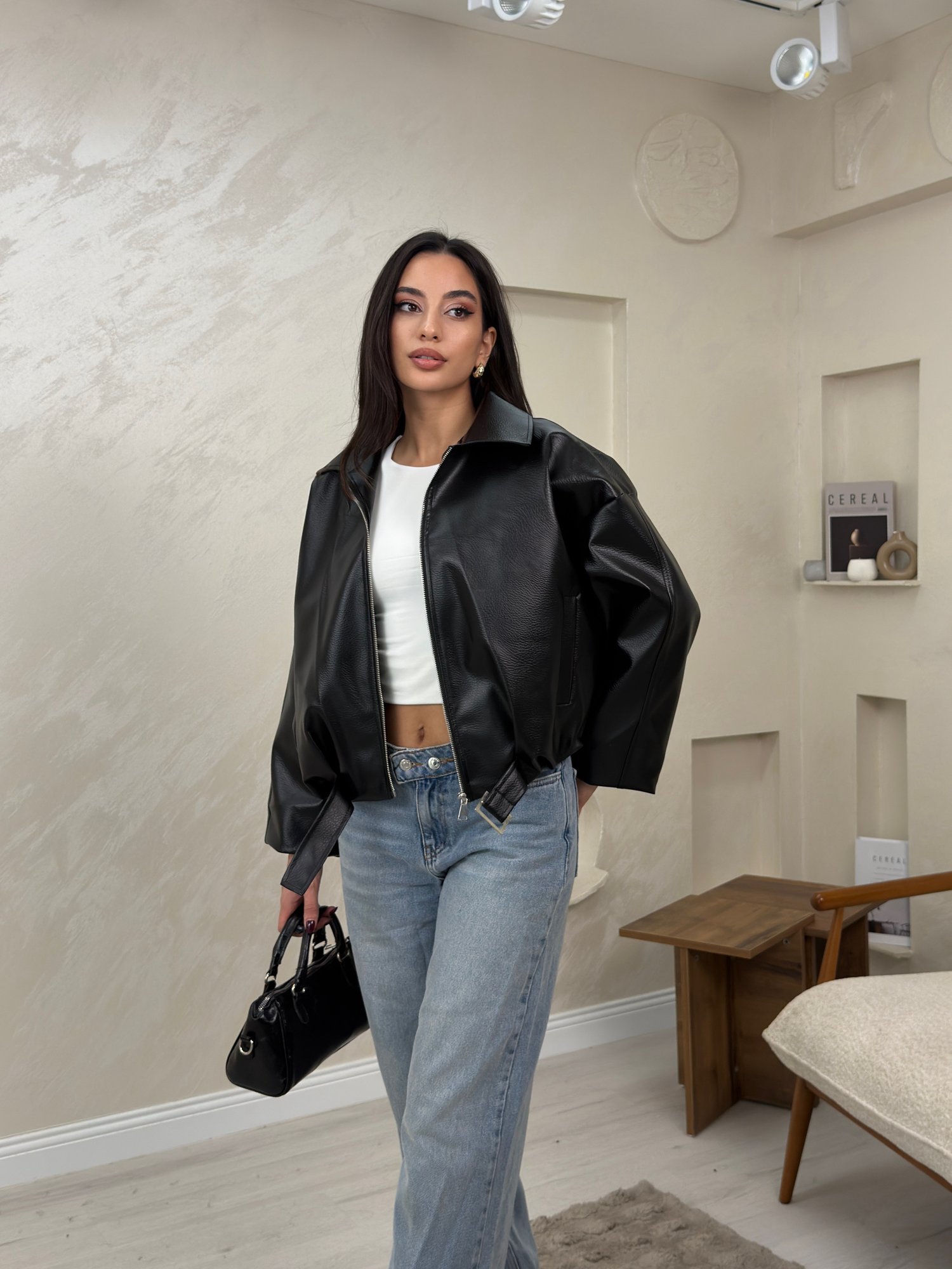 Gerber Siyah Renkli Belden Kemerli Fermuarlı Kadın Deri Ceket | miraylawear
