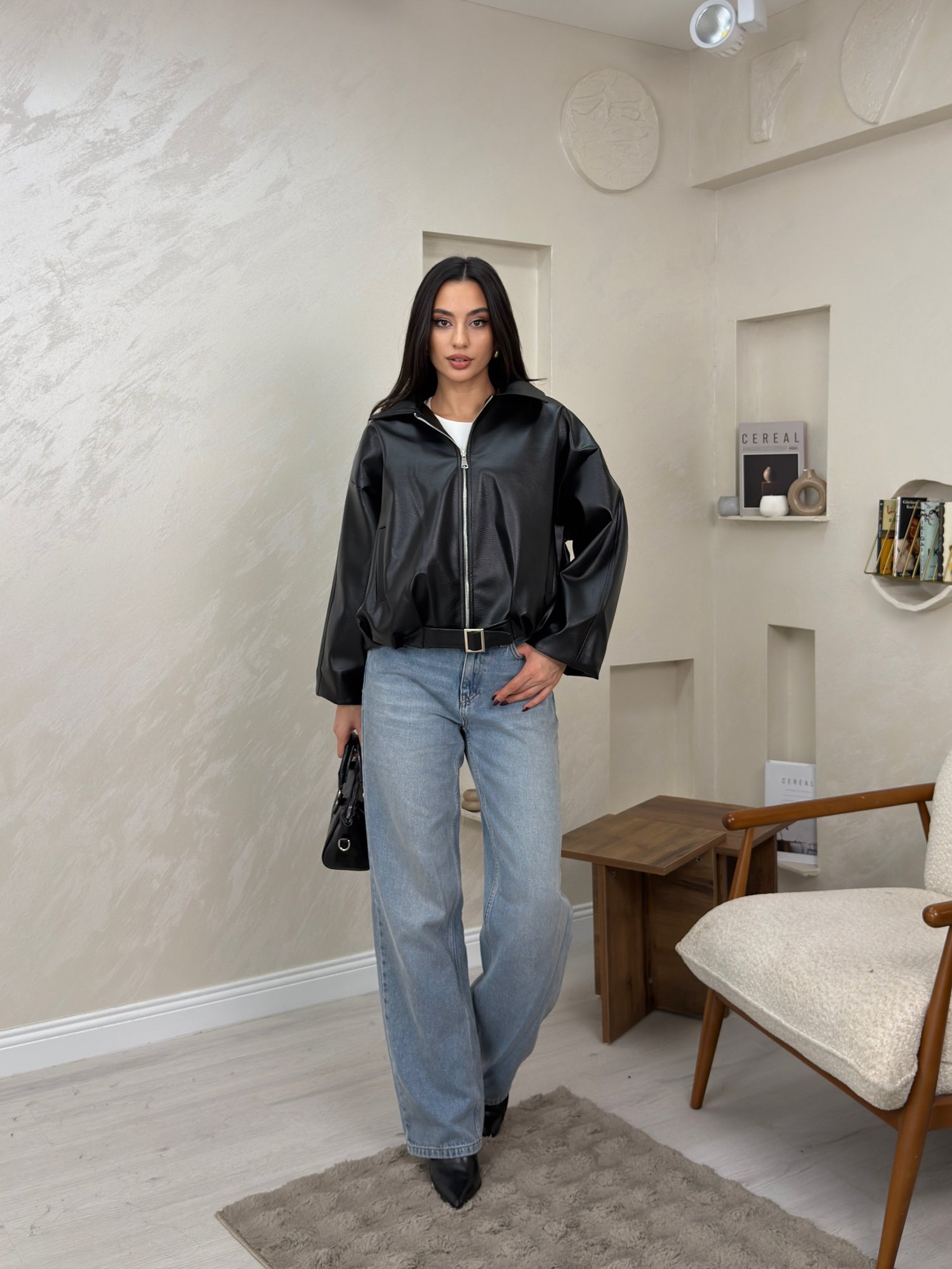 Gerber Siyah Renkli Belden Kemerli Fermuarlı Kadın Deri Ceket | miraylawear