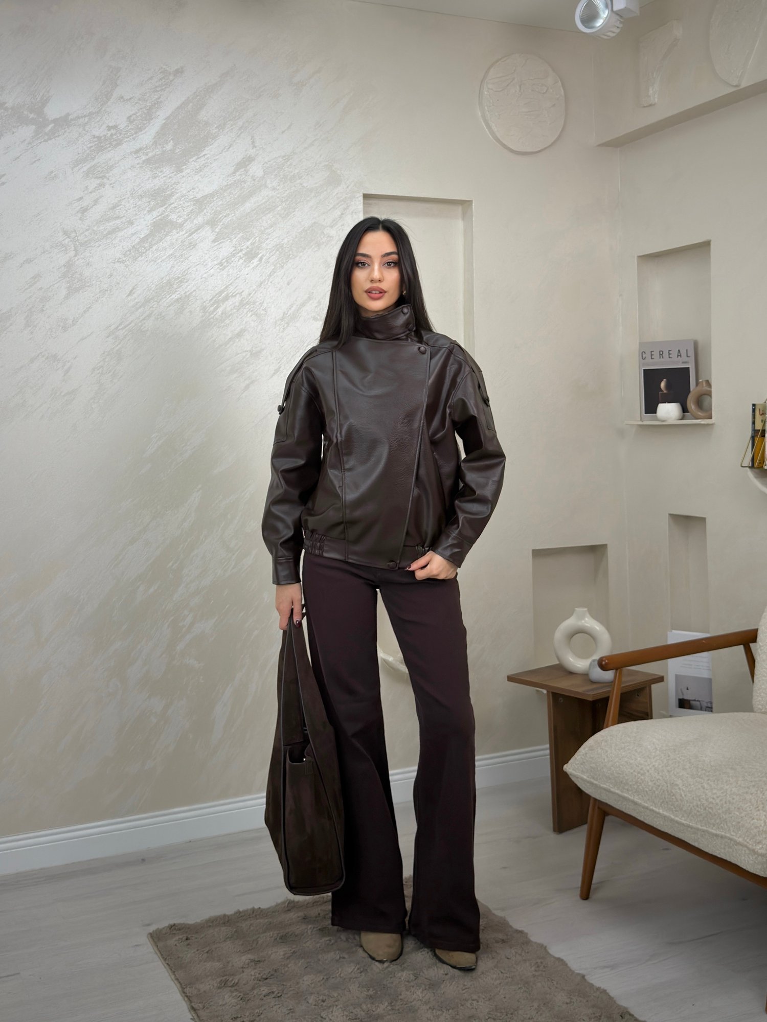 Grace Kahve Renkli Biker Kadın Ceket | miraylawear