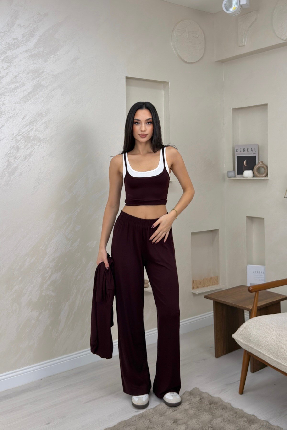 Harper Bordo Renkli Hırka Atlet Pantolon Alt - Üst Takım | miraylawear