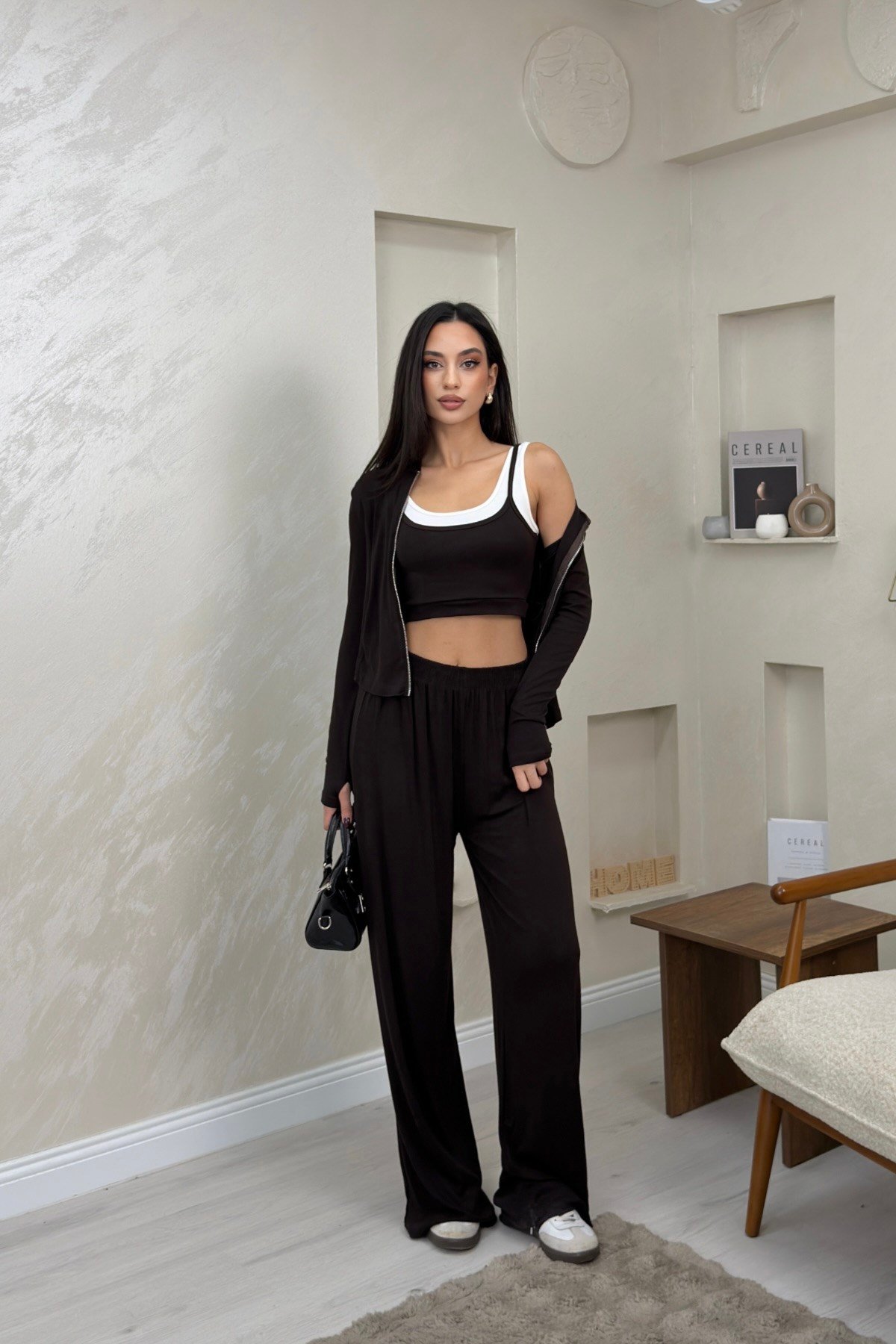 Harper Kahve Renkli Hırka Atlet Pantolon Alt - Üst Takım | miraylawear