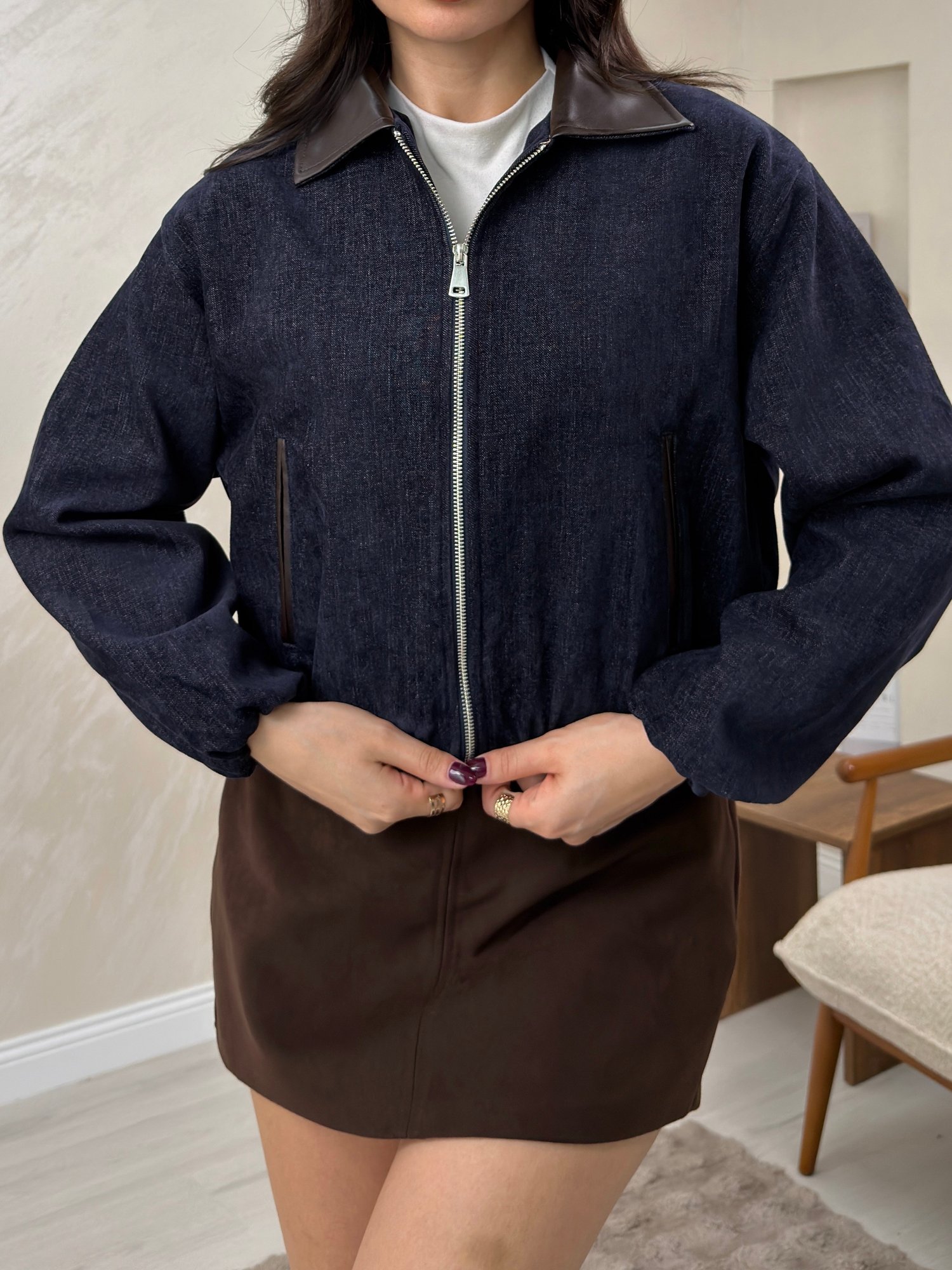 Helena Laci Renkli Deri Yaka Detaylı Fermuarlı Lacivert Kadın Denim Ceket | miraylawear
