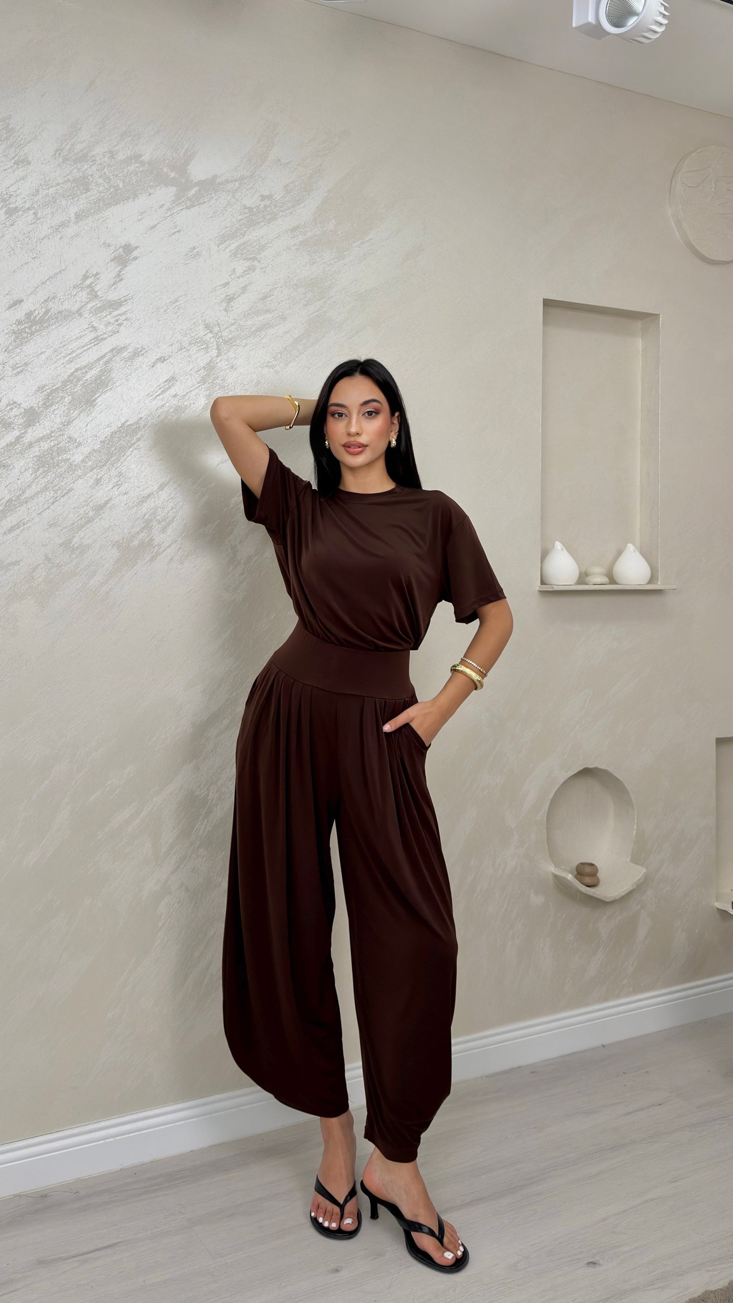 LENA KAHVE RENKLİ LUX ALT ÜST KADIN ŞALVAR TAKIM