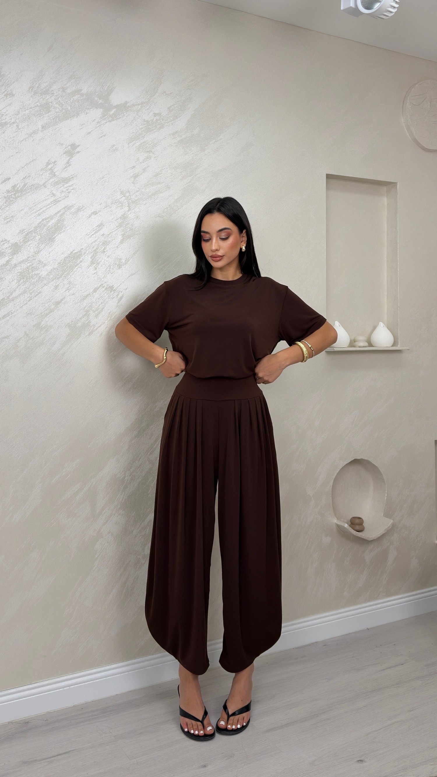 LENA KAHVE RENKLİ LUX ALT ÜST KADIN ŞALVAR TAKIM