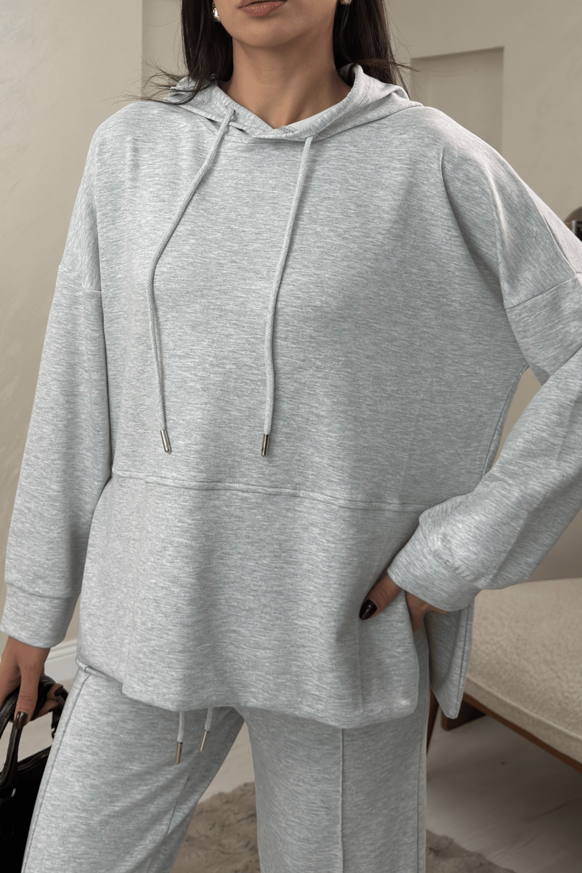Lilith Gri Renkli Kapusonlu Genis Paca Kadin Esofman Takimi | miraylawear