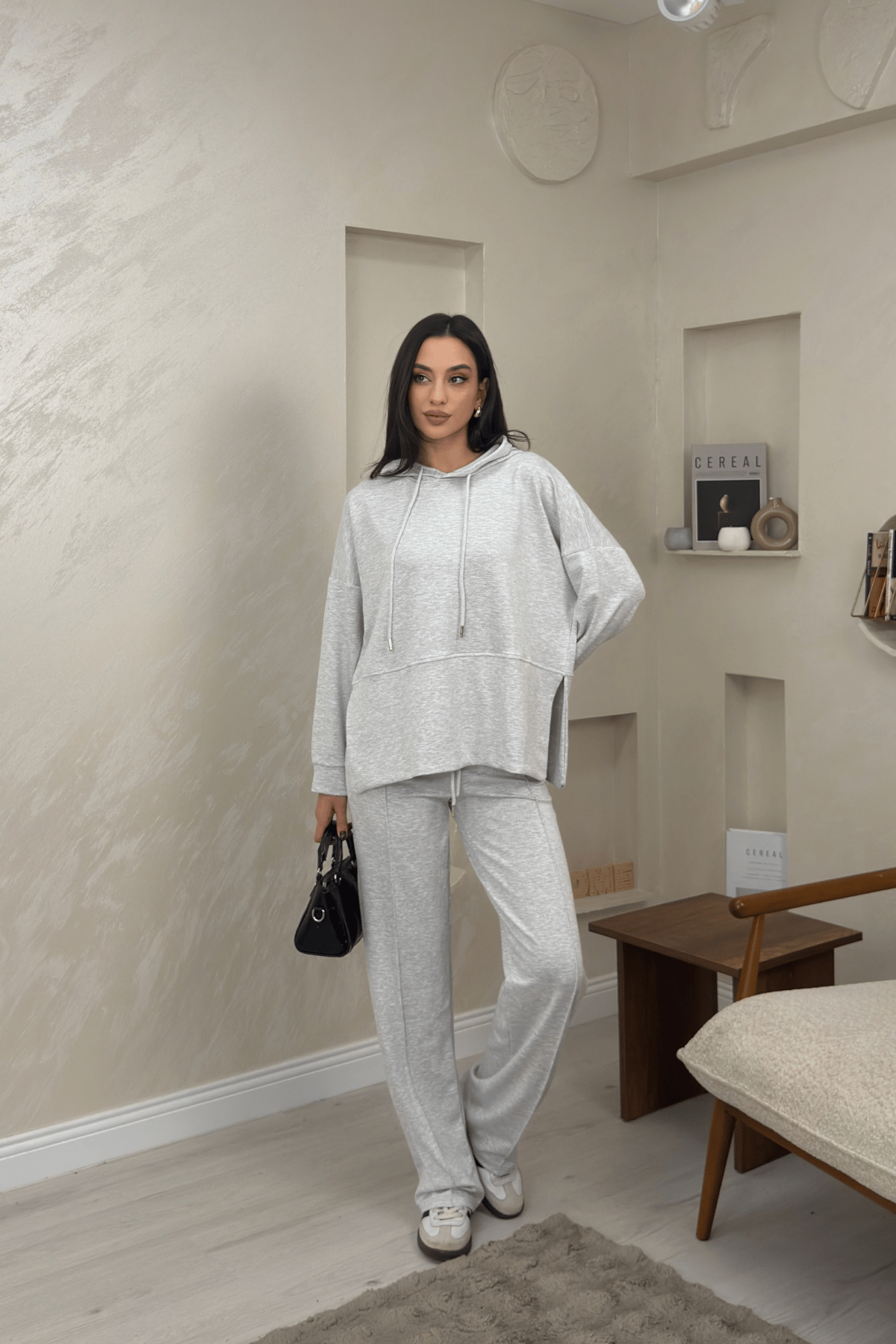 Lilith Gri Renkli Kapusonlu Genis Paca Kadin Esofman Takimi | miraylawear